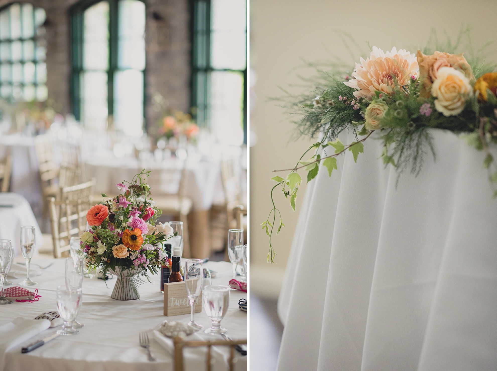 wedding reception flowers and decor at the terrace at marcy casino in Buffalo, NY