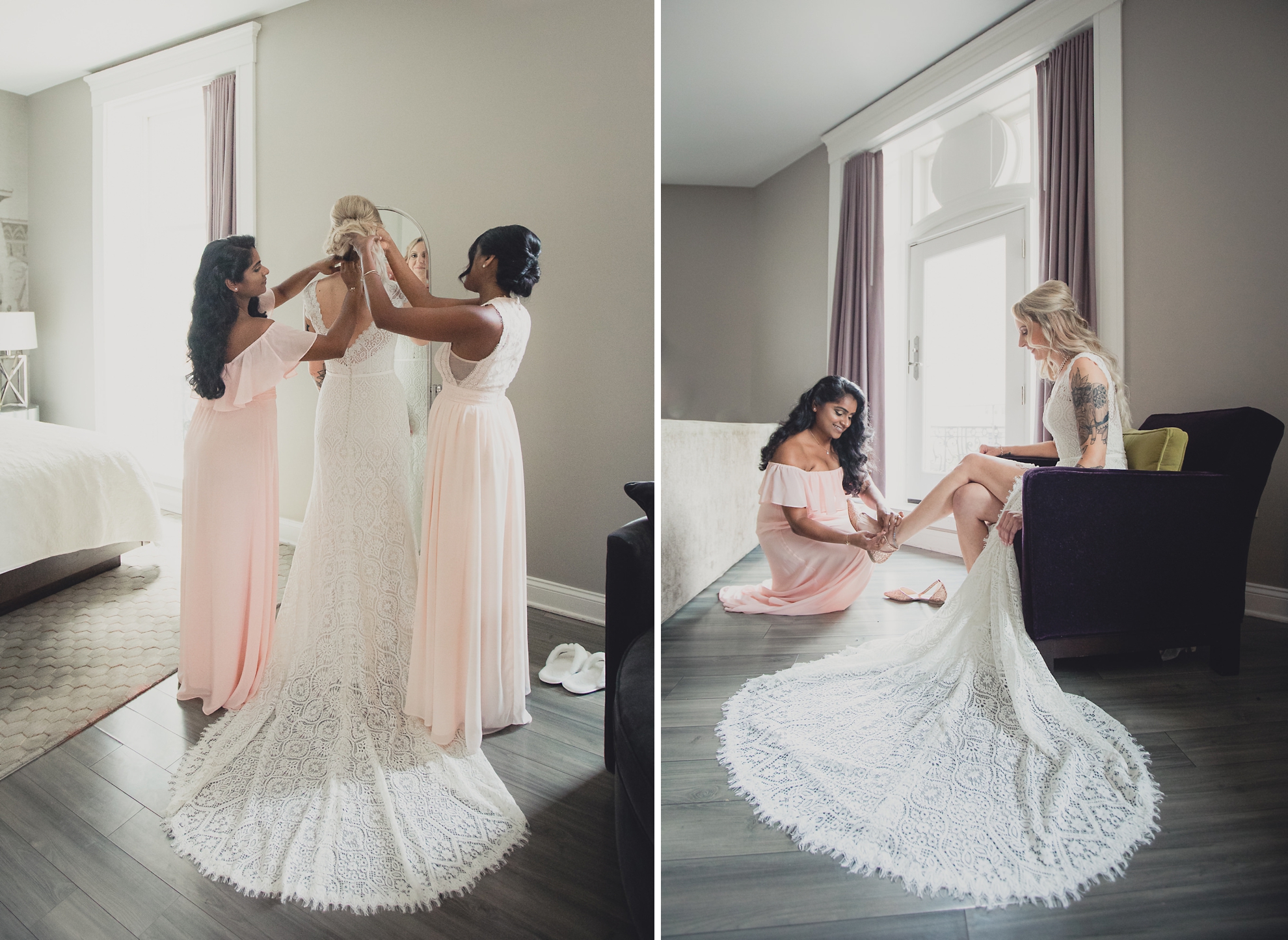 bridesmaids assist bride while getting ready for wedding at Hotel Lafayette in Buffalo, NY