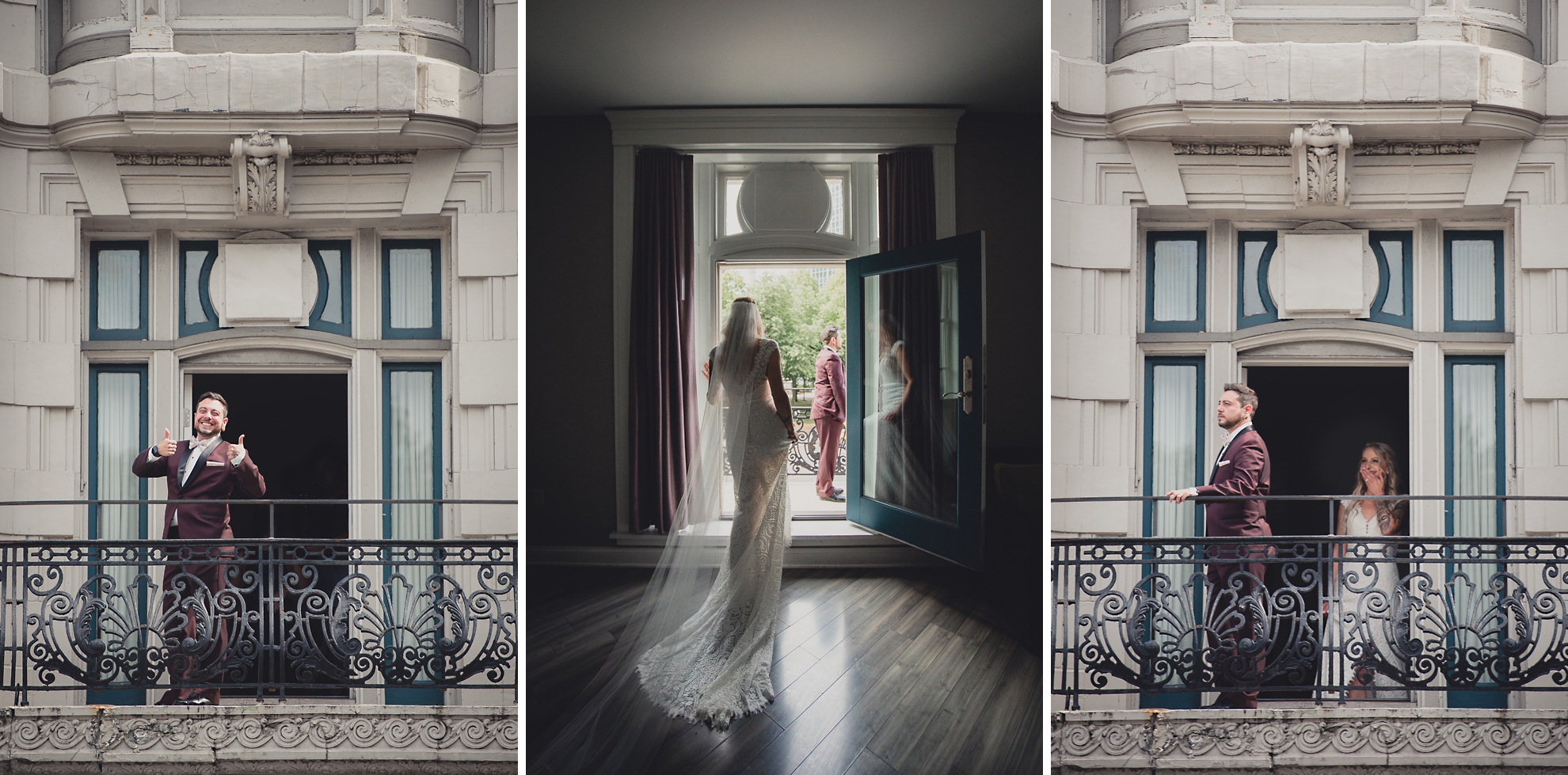 bride and groom share a reveal of first look before wedding at Hotel Lafayette in Buffalo, NY