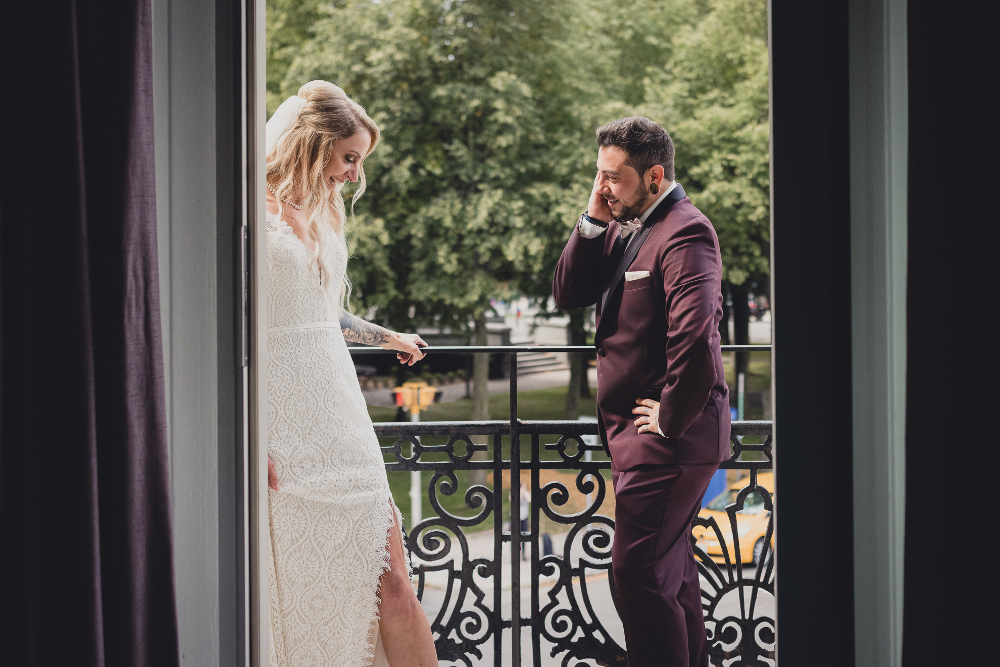 bride and groom share a reveal of first look before wedding at Hotel Lafayette in Buffalo, NY