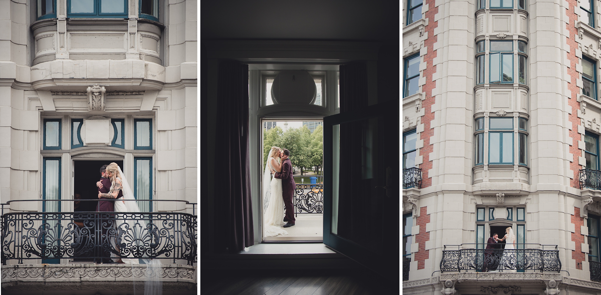 bride and groom share a reveal of first look before wedding at Hotel Lafayette in Buffalo, NY