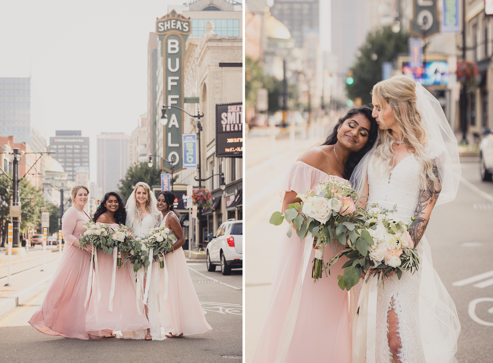 wedding party poses for portraits near Shea's theater in Buffalo, NY