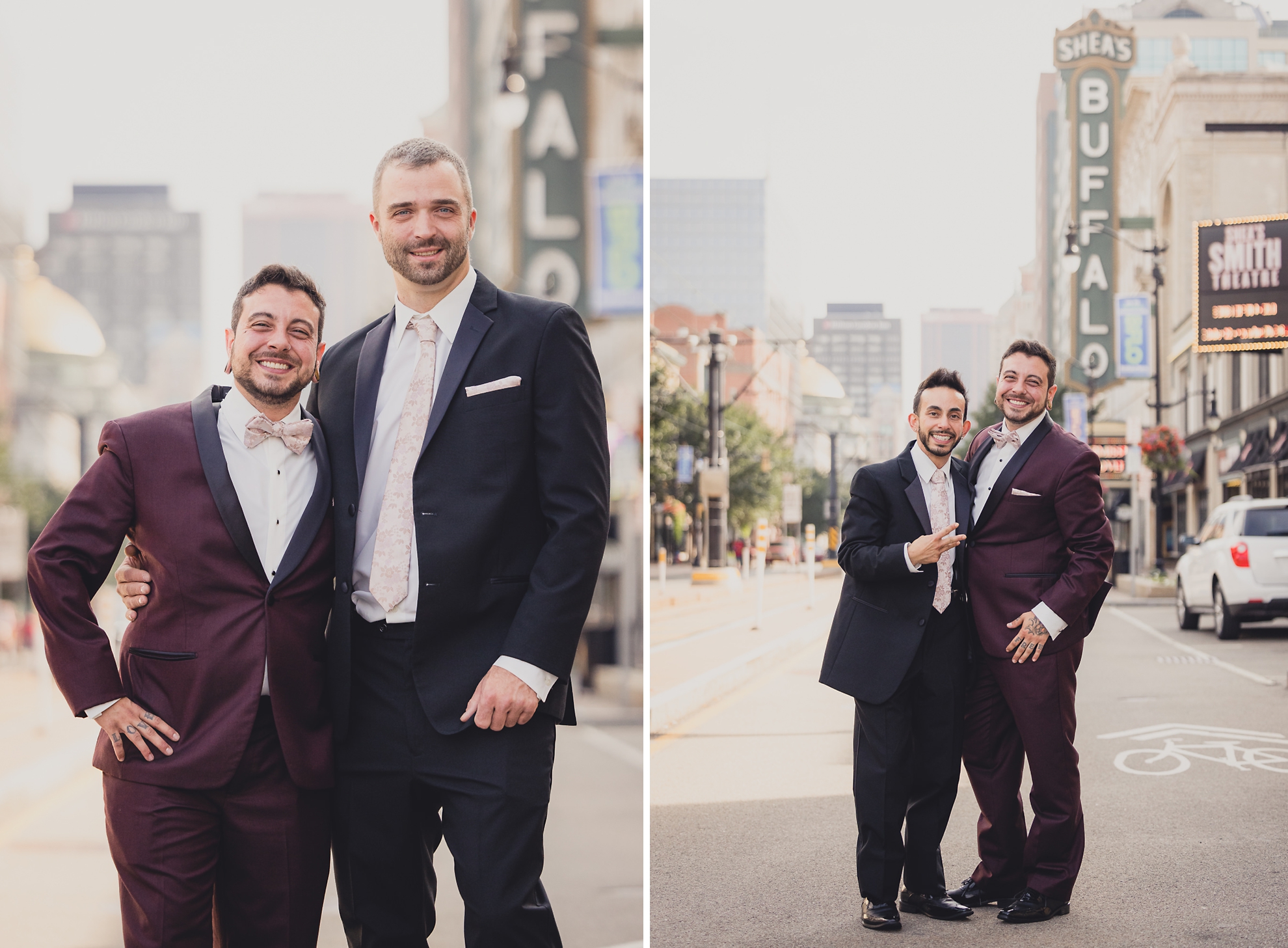 wedding party poses for portraits near Shea's theater in Buffalo, NY