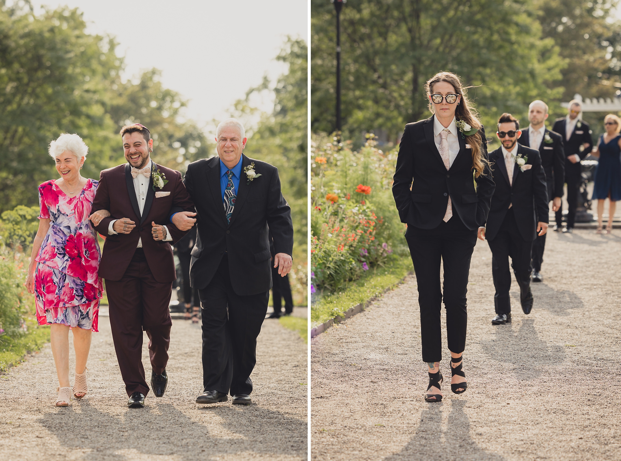 wedding party walks down aisle during wedding ceremony in rose garden at Marcy Casino in Buffalo, NY
