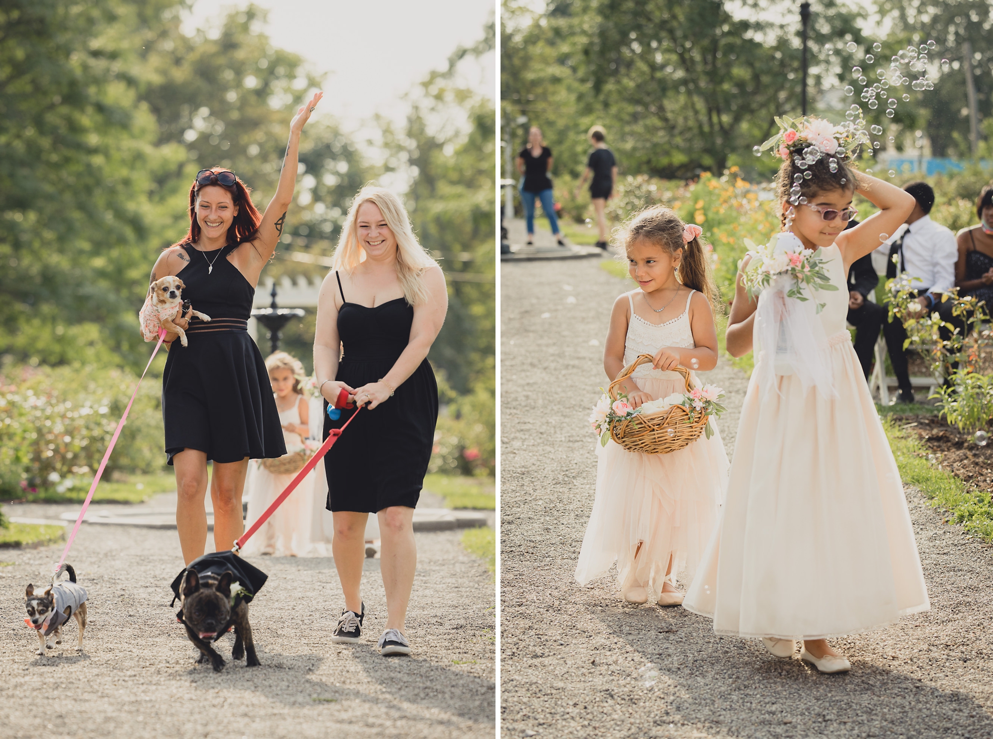 wedding party walks down aisle during wedding ceremony in rose garden at Marcy Casino in Buffalo, NY