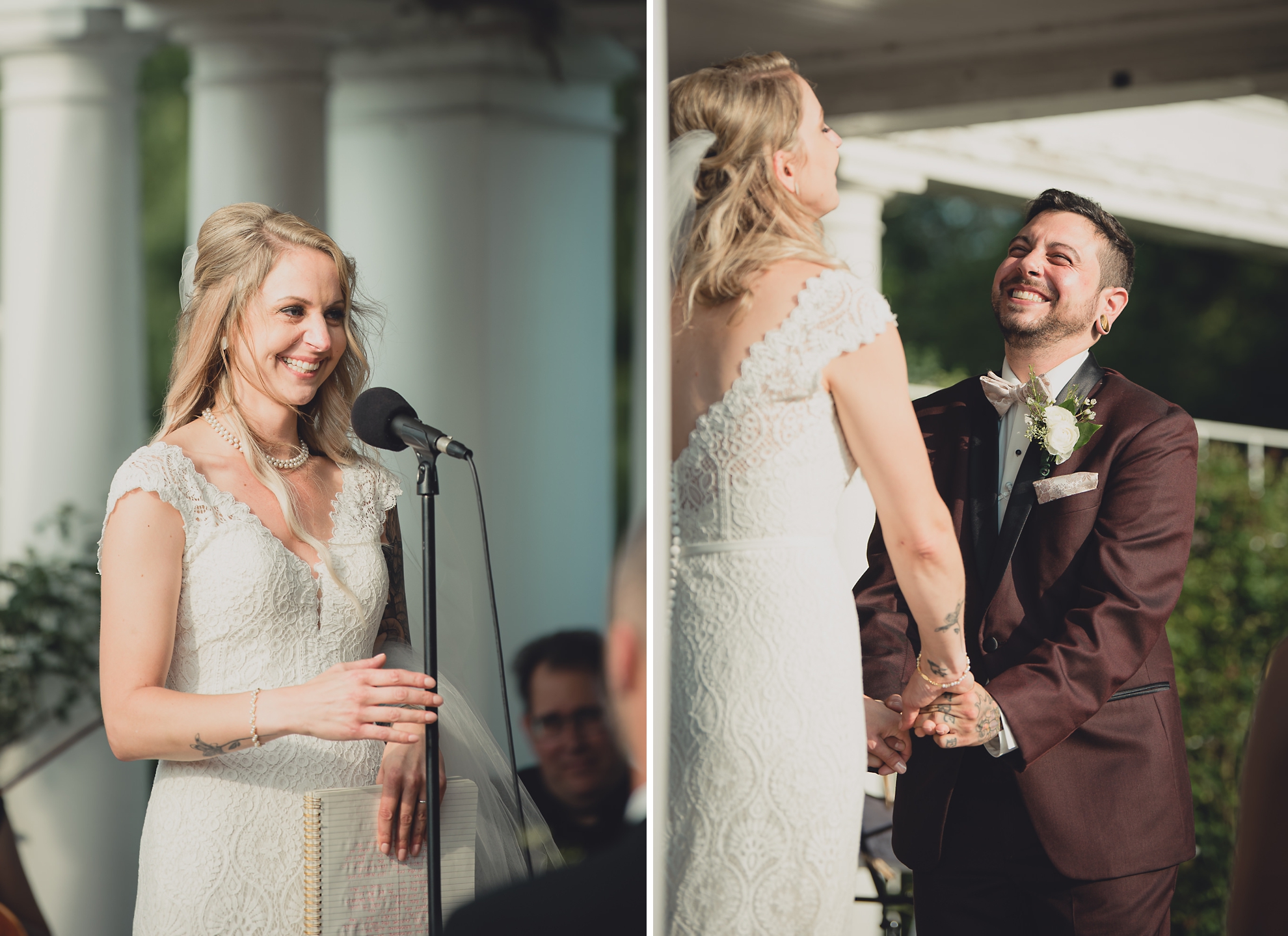 bride and groom exchange vows during wedding ceremony in rose garden at Marcy Casino in Buffalo, NY