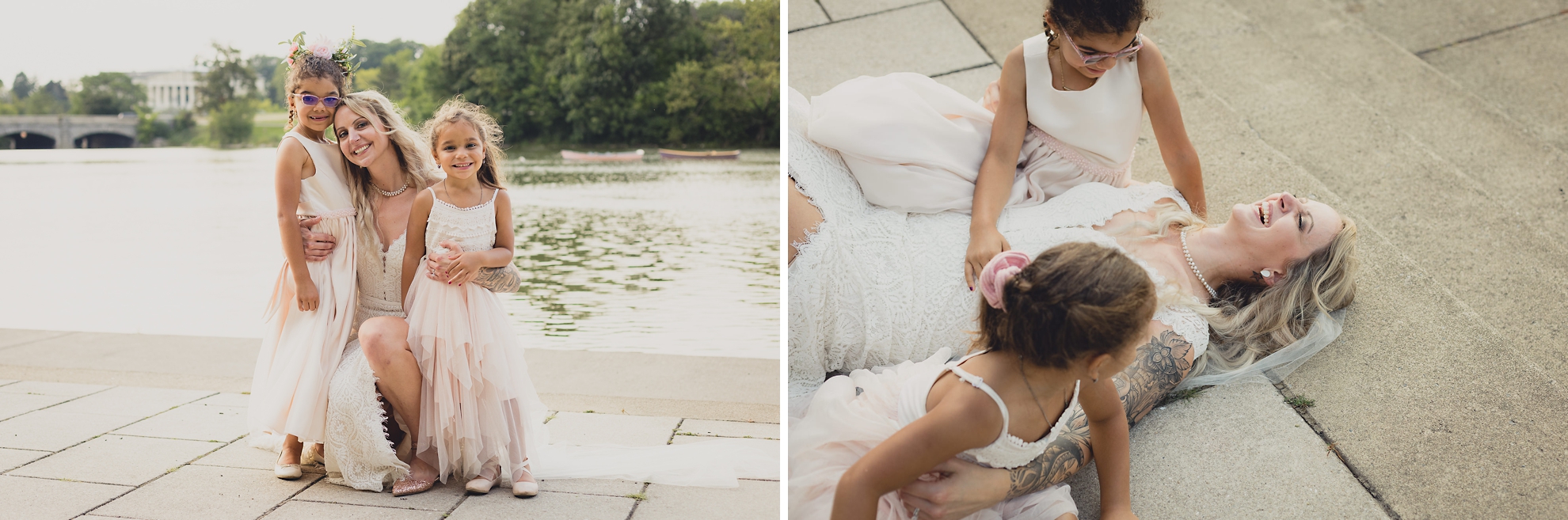 family portrait in front of Hoyt Lake in Delaware Park during wedding at Marcy Casino in Buffalo, NY