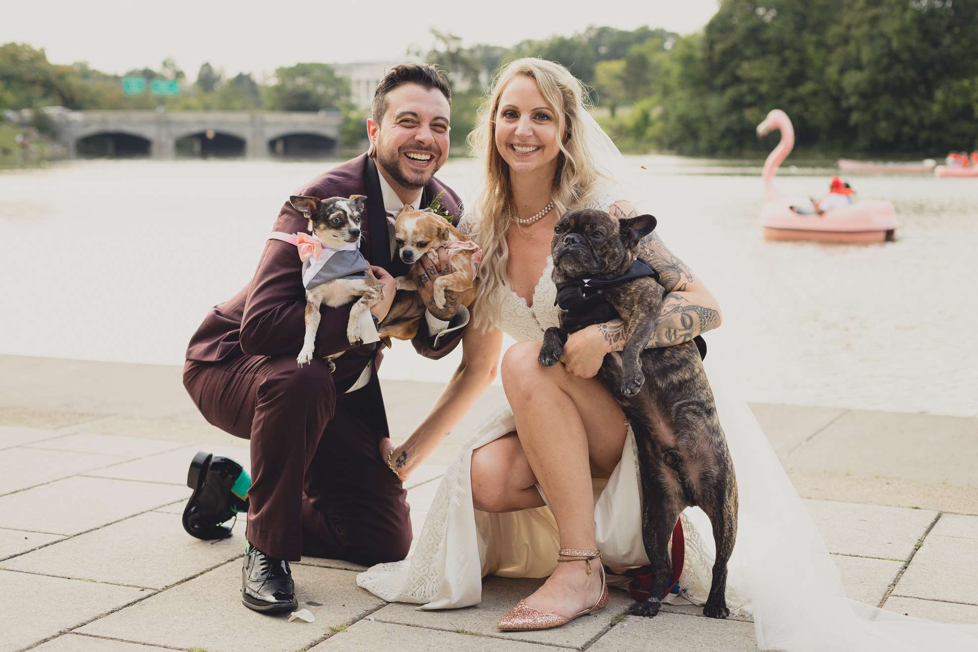 family portrait in front of Hoyt Lake in Delaware Park during wedding at Marcy Casino in Buffalo, NY