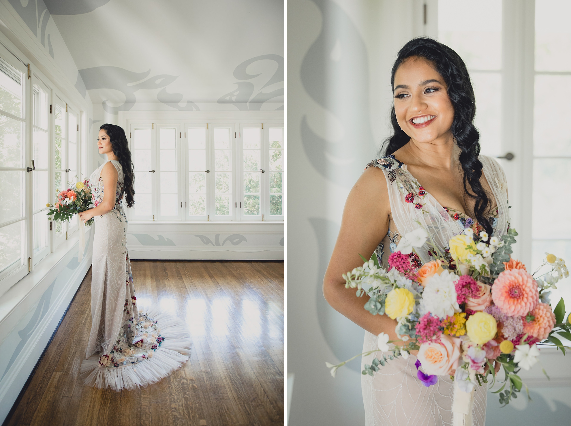 bride poses for portrait before outdoor tented wedding at the mansion at Knox Farm in East Aurora, NY