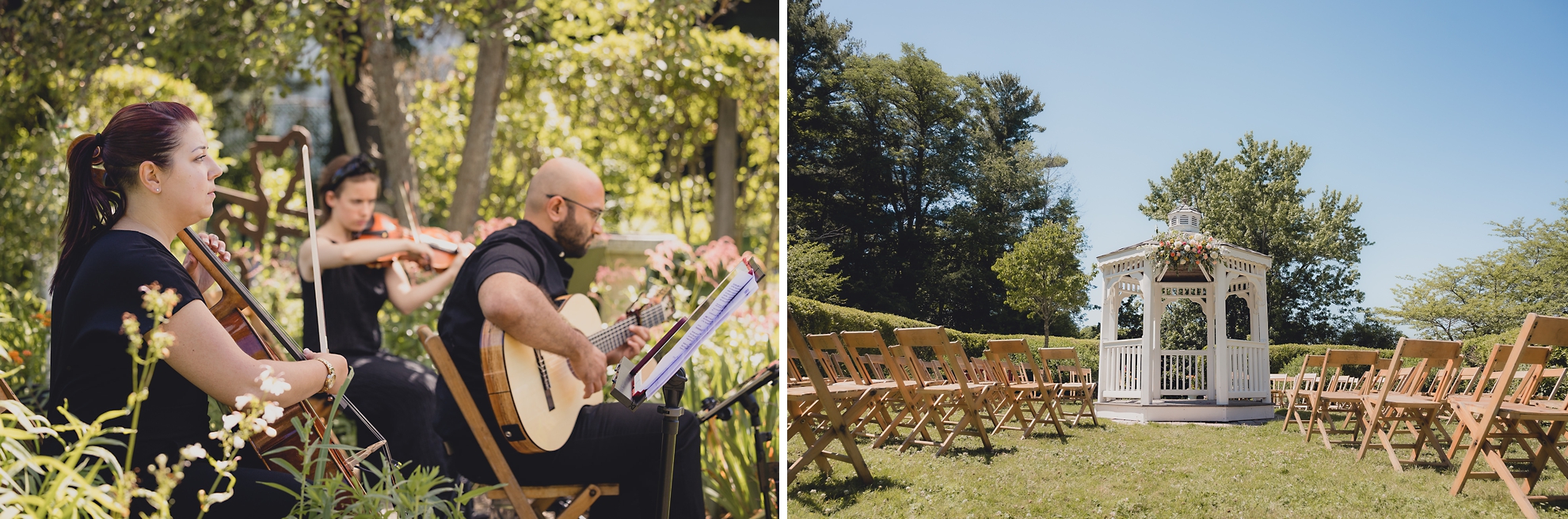 musicians perform during wedding ceremony in gazebo at mansion at Knox Farm in East Aurora, NY