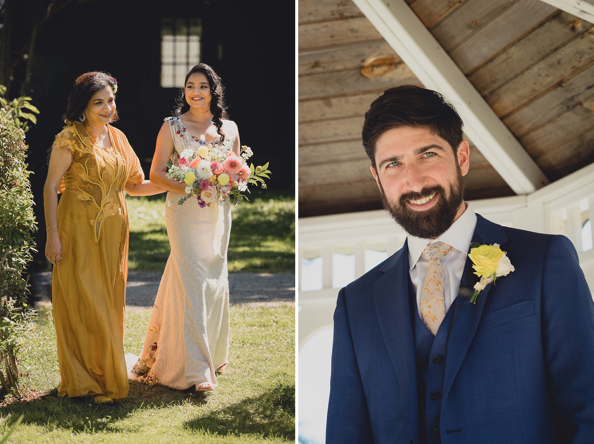 groom watches bride come down aisle with mother during wedding ceremony in gazebo at mansion at Knox Farm in East Aurora, NY