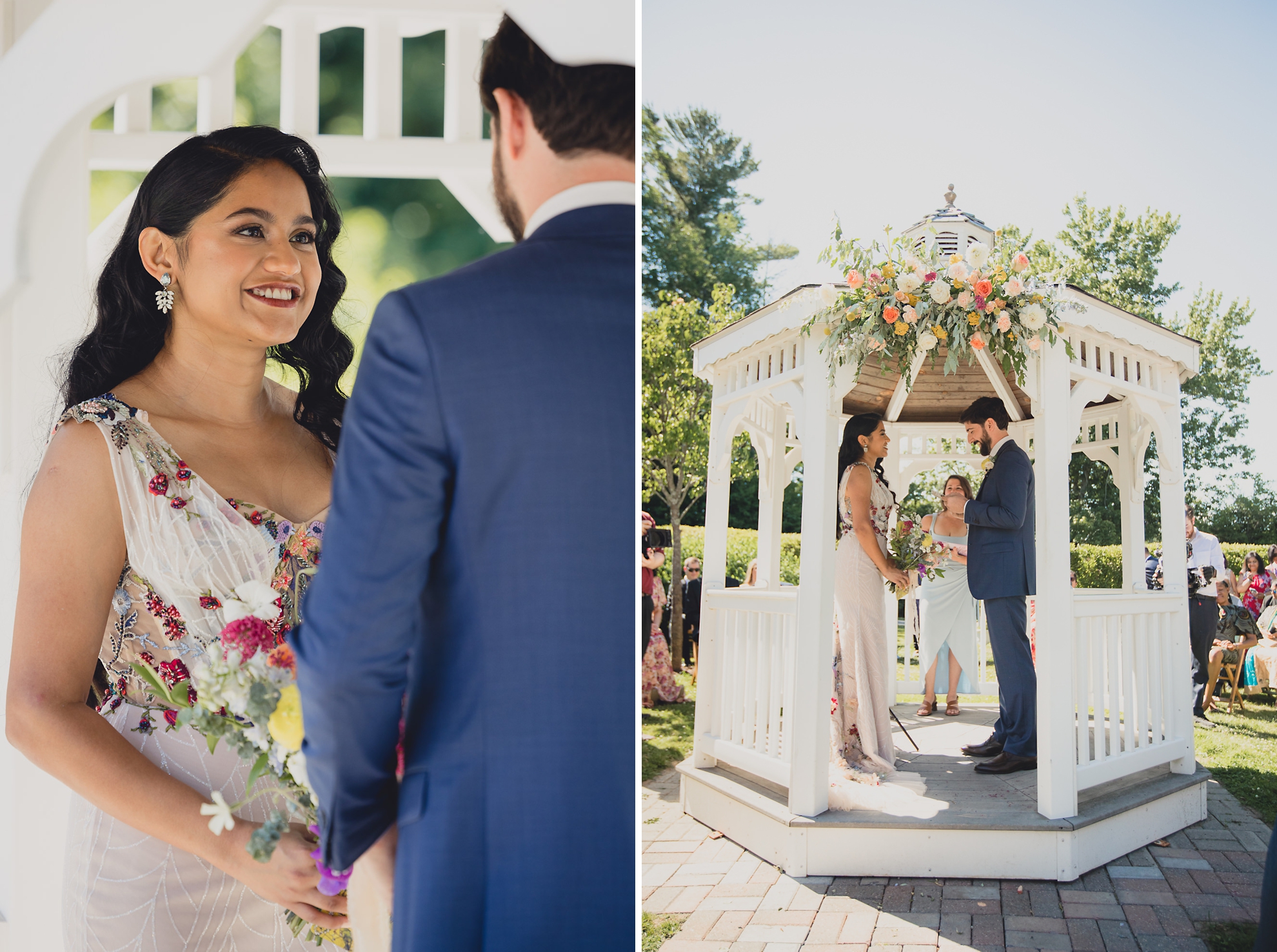 couple exchanges vows during wedding ceremony in gazebo at mansion at Knox Farm in East Aurora, NY