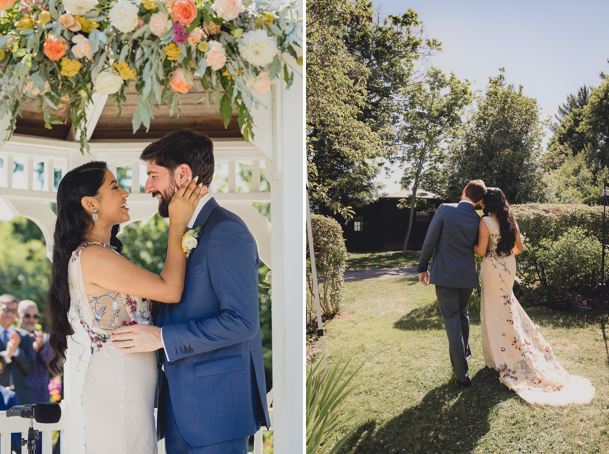 couple leaves wedding ceremony in gazebo at mansion at Knox Farm in East Aurora, NY