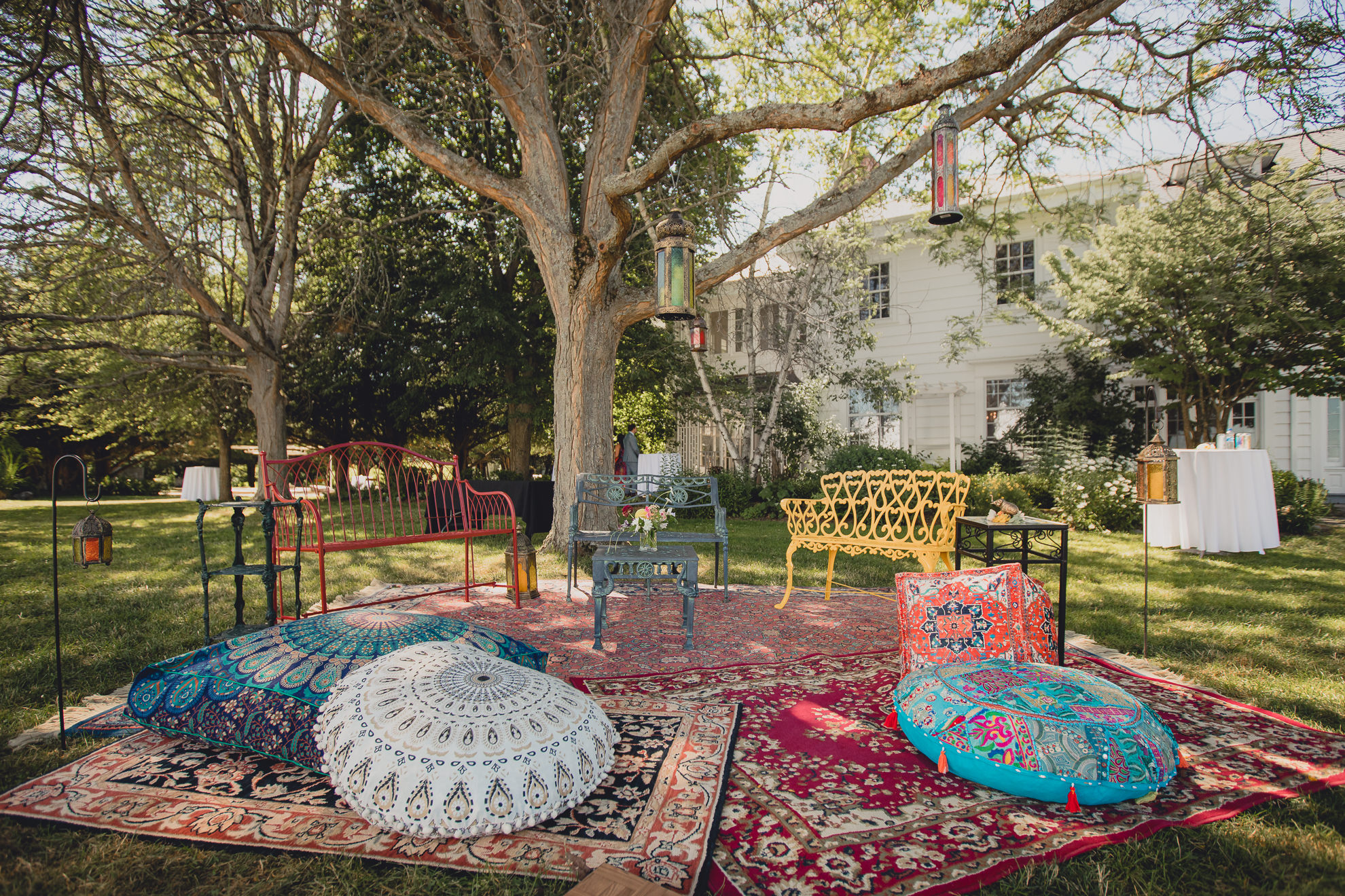 lounge area at outdoor tented wedding reception at Knox Farm in East Aurora, NY