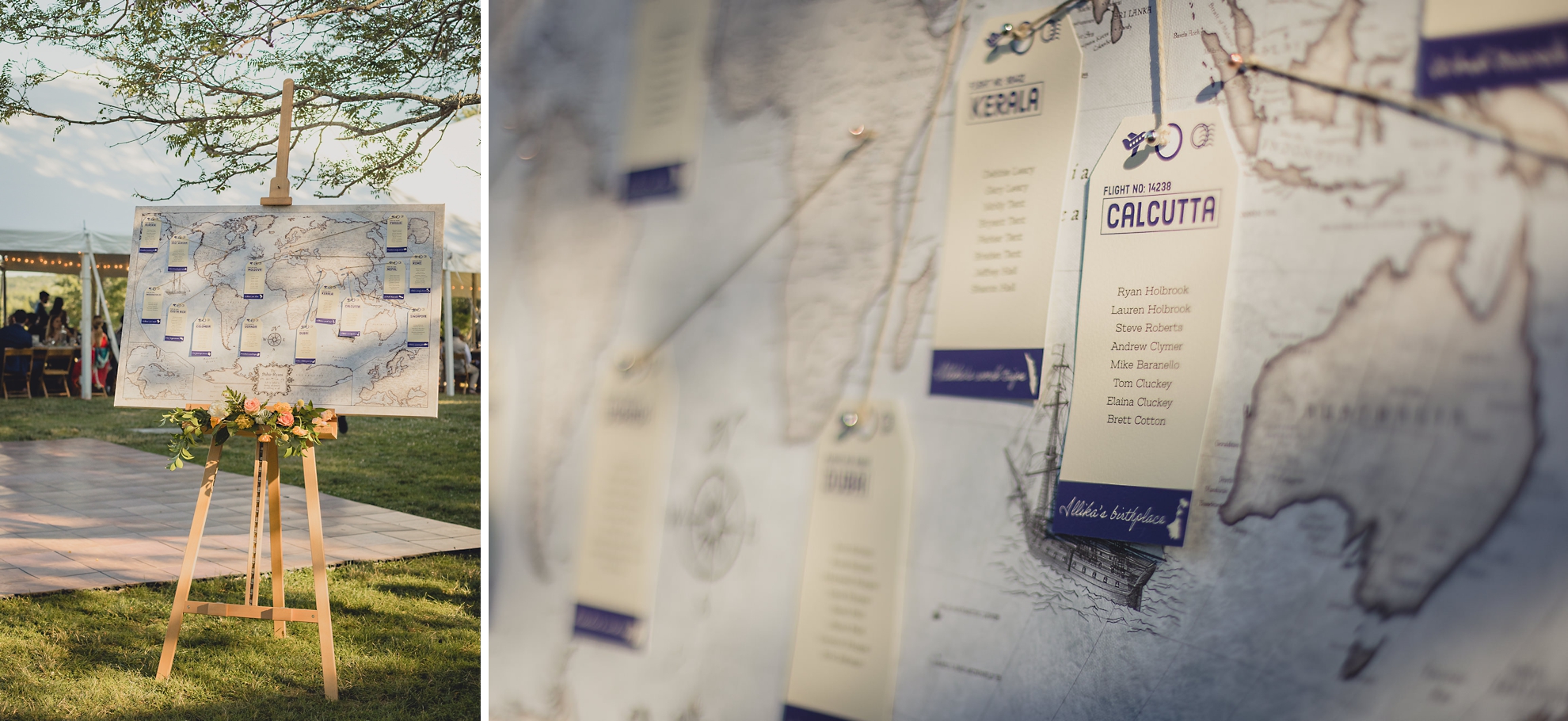 table seating chart on map at outdoor tented wedding reception at Knox Farm in East Aurora, NY