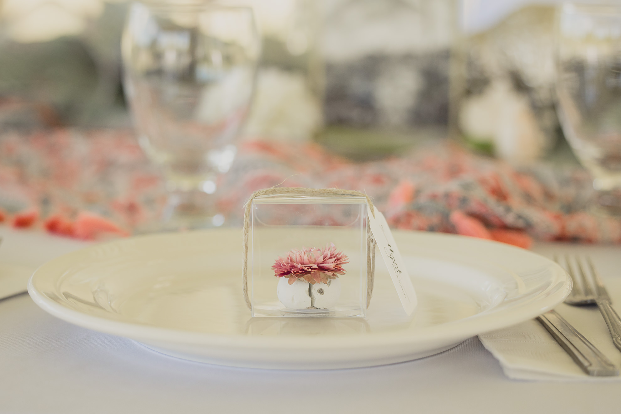 favor at outdoor tented wedding reception at Knox Farm in East Aurora, NY