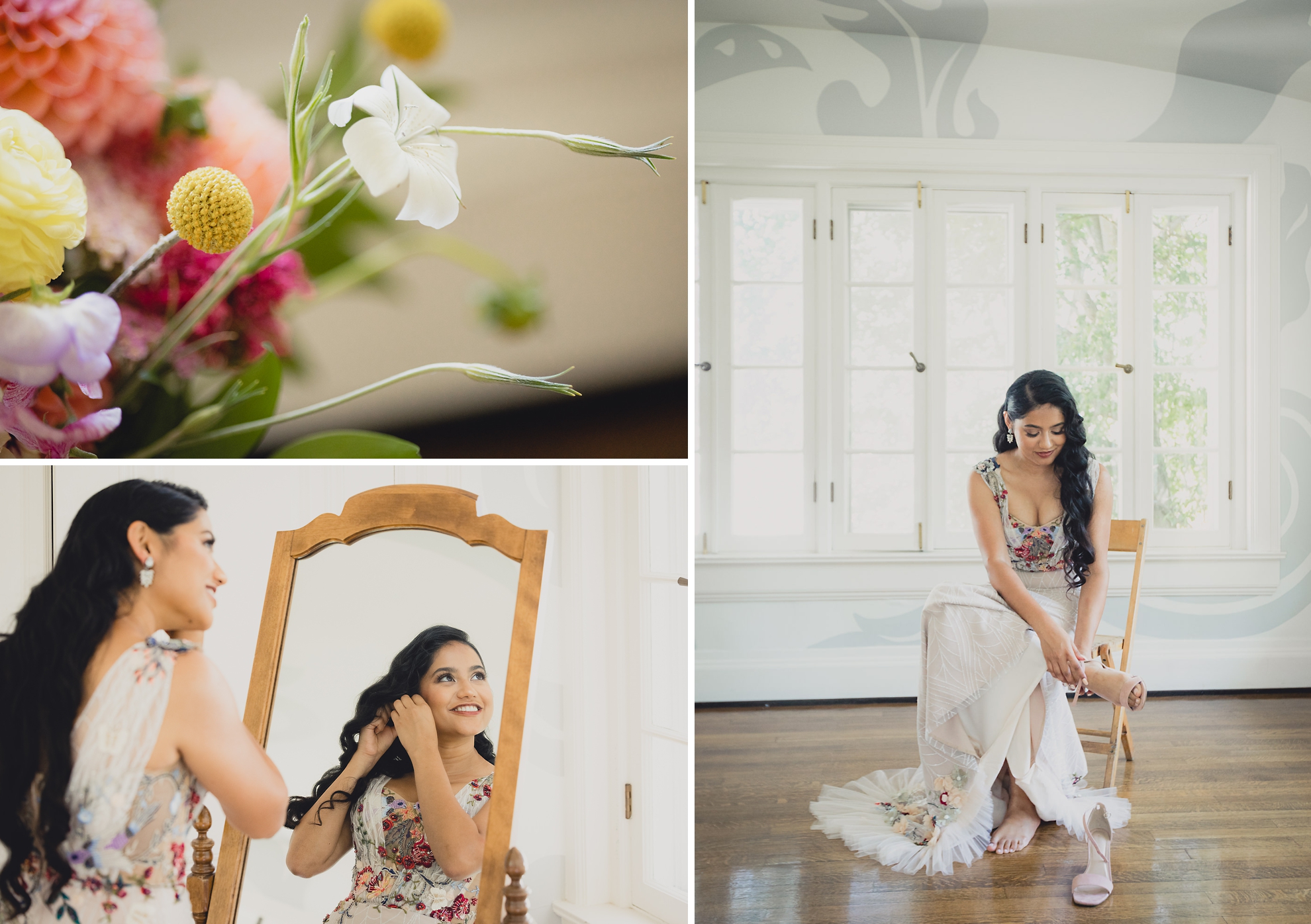 bride gets ready for outdoor tented wedding at the mansion at Knox Farm in East Aurora, NY