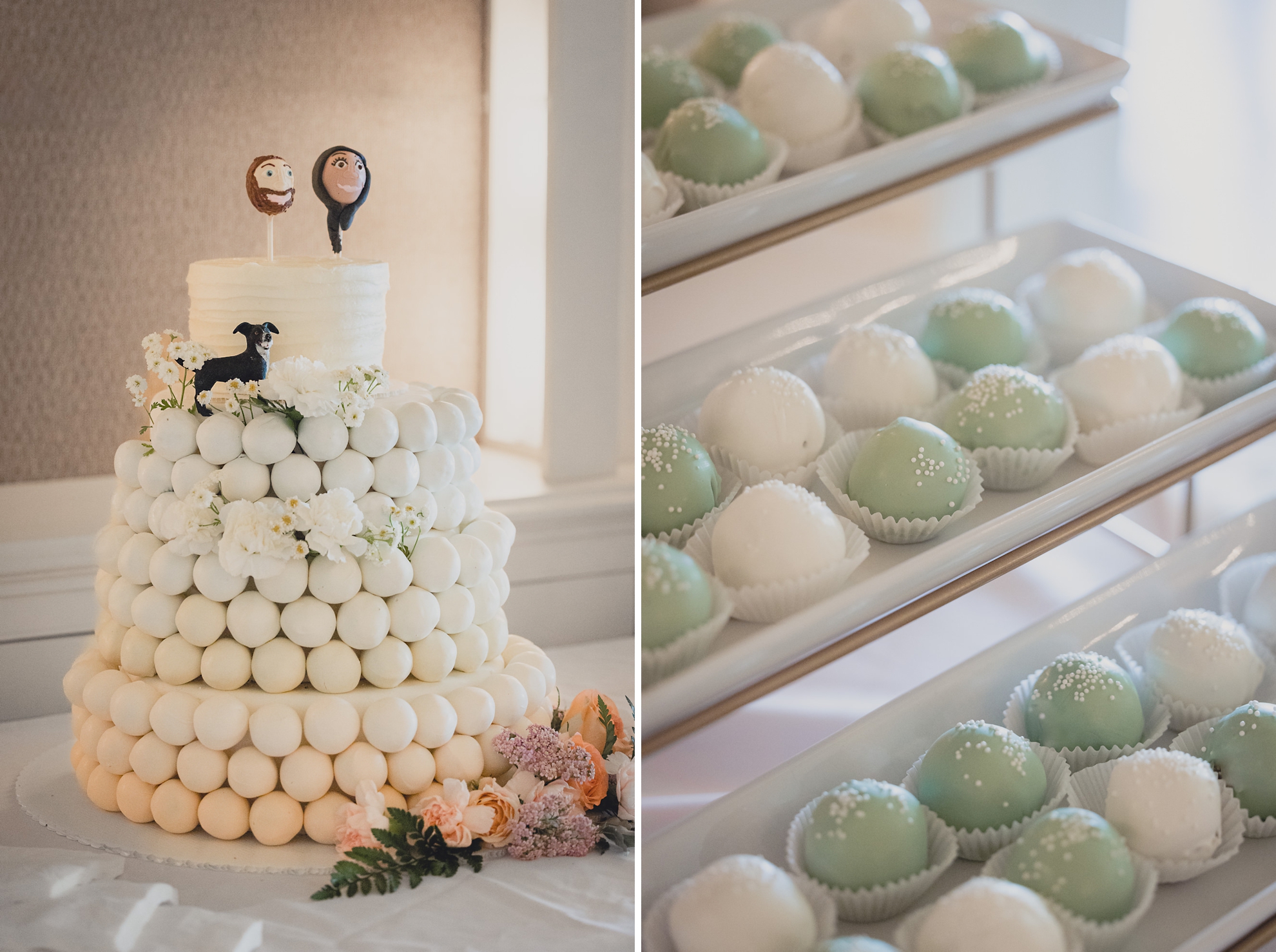 cake pop wedding cake at outdoor tented wedding reception at Knox Farm in East Aurora, NY