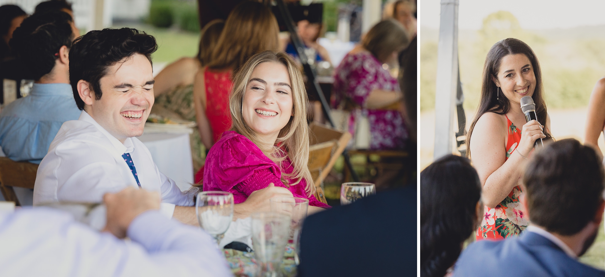 guests react to speech at outdoor tented wedding reception at Knox Farm in East Aurora, NY