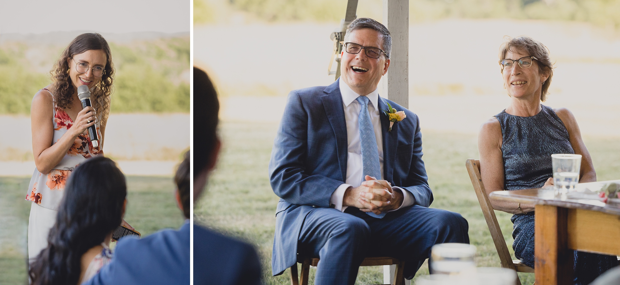 guests react to speech at outdoor tented wedding reception at Knox Farm in East Aurora, NY