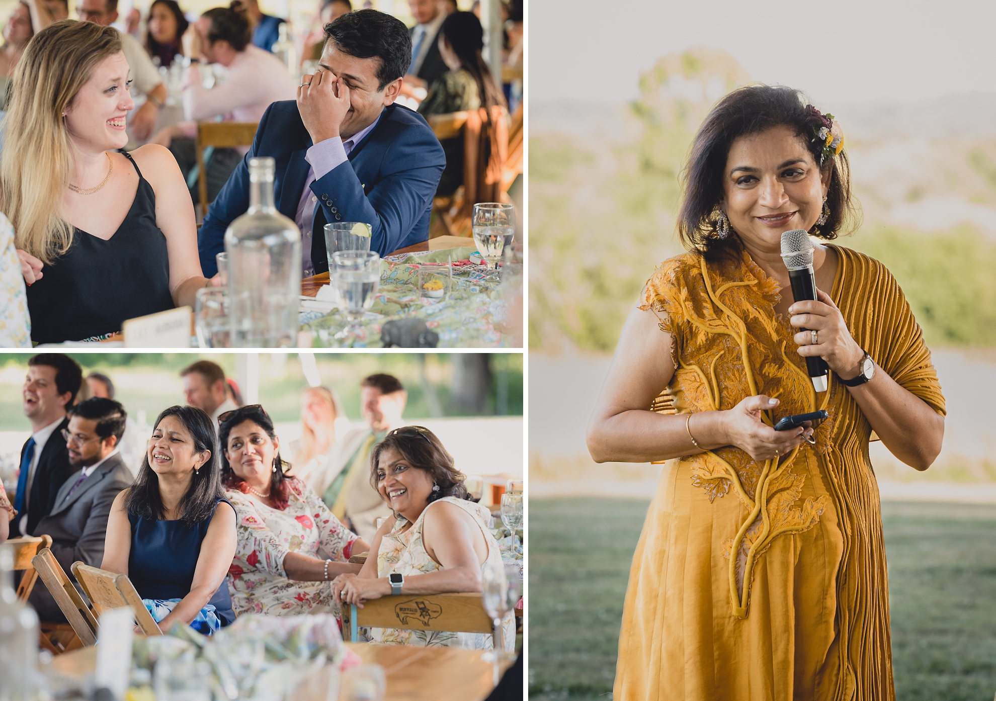 guests react to speech at outdoor tented wedding reception at Knox Farm in East Aurora, NY