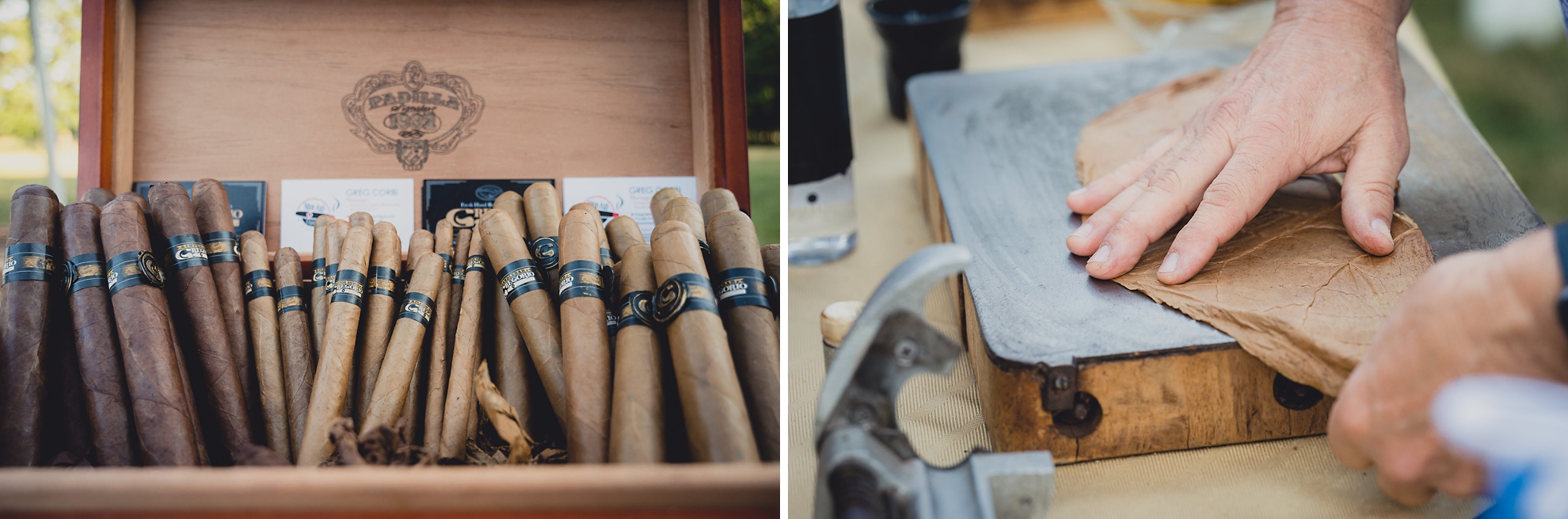 cigars are rolled at outdoor tented wedding reception at Knox Farm in East Aurora, NY
