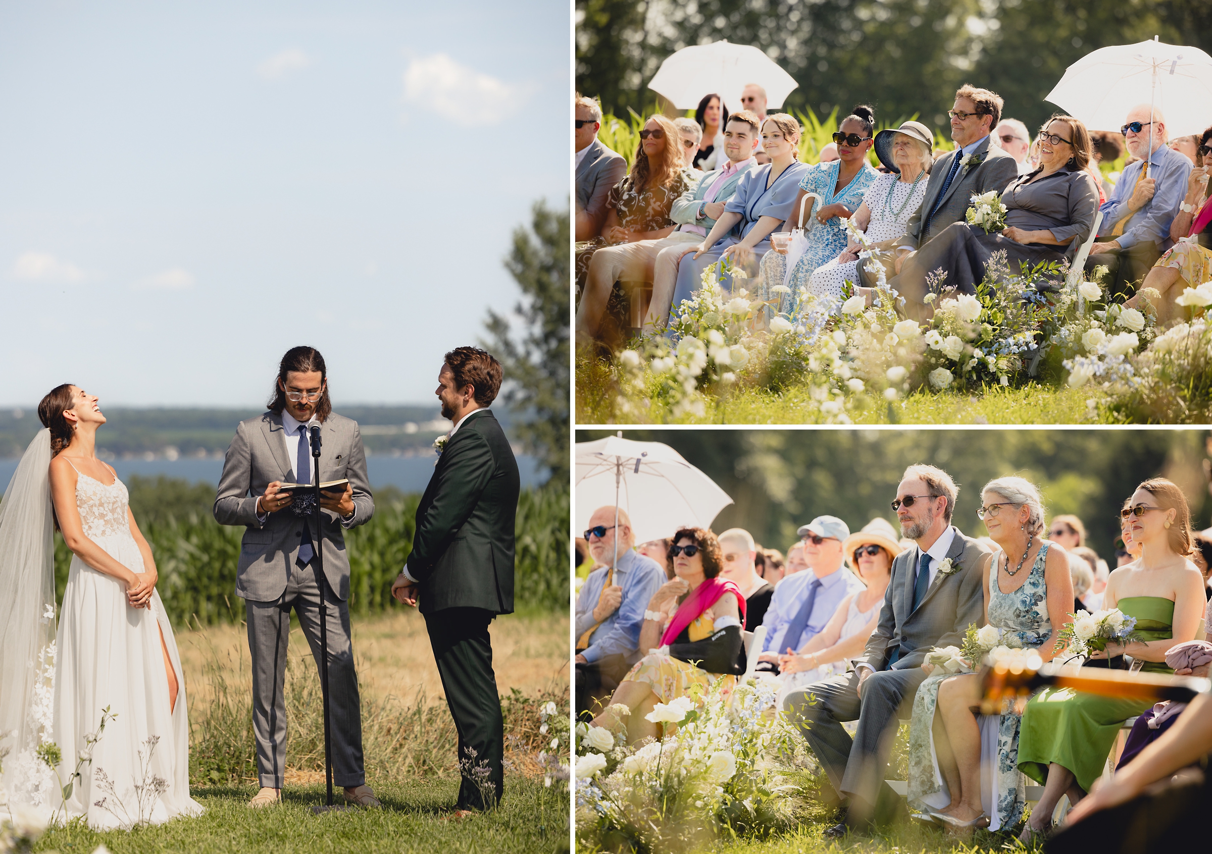guests look at bride and groom laughing during wedding ceremony at The North Farm overlooking Seneca Lake in Geneva, NY