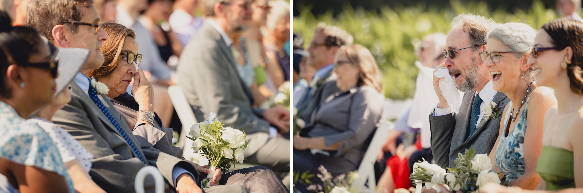 parents cry at wedding ceremony at The North Farm overlooking Seneca Lake in Geneva, NY