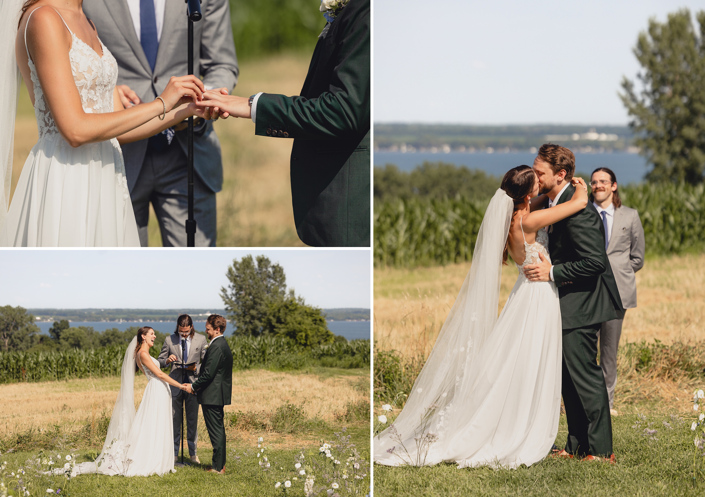 bride and groom kiss at wedding ceremony at The North Farm overlooking Seneca Lake in Geneva, NY