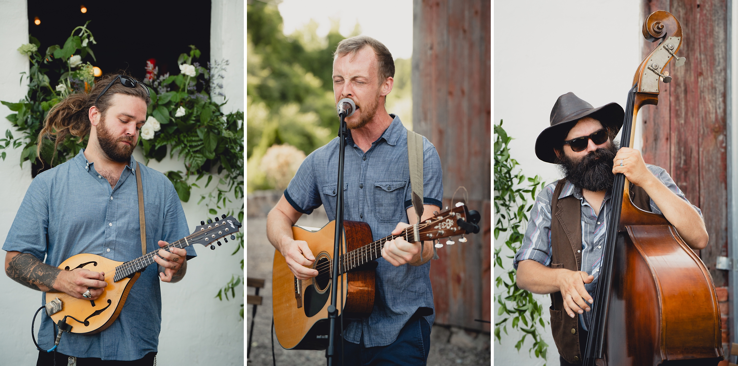Musicians play in front of The North Farm barns at a wedding reception in Geneva, NY in the Finger Lakes region