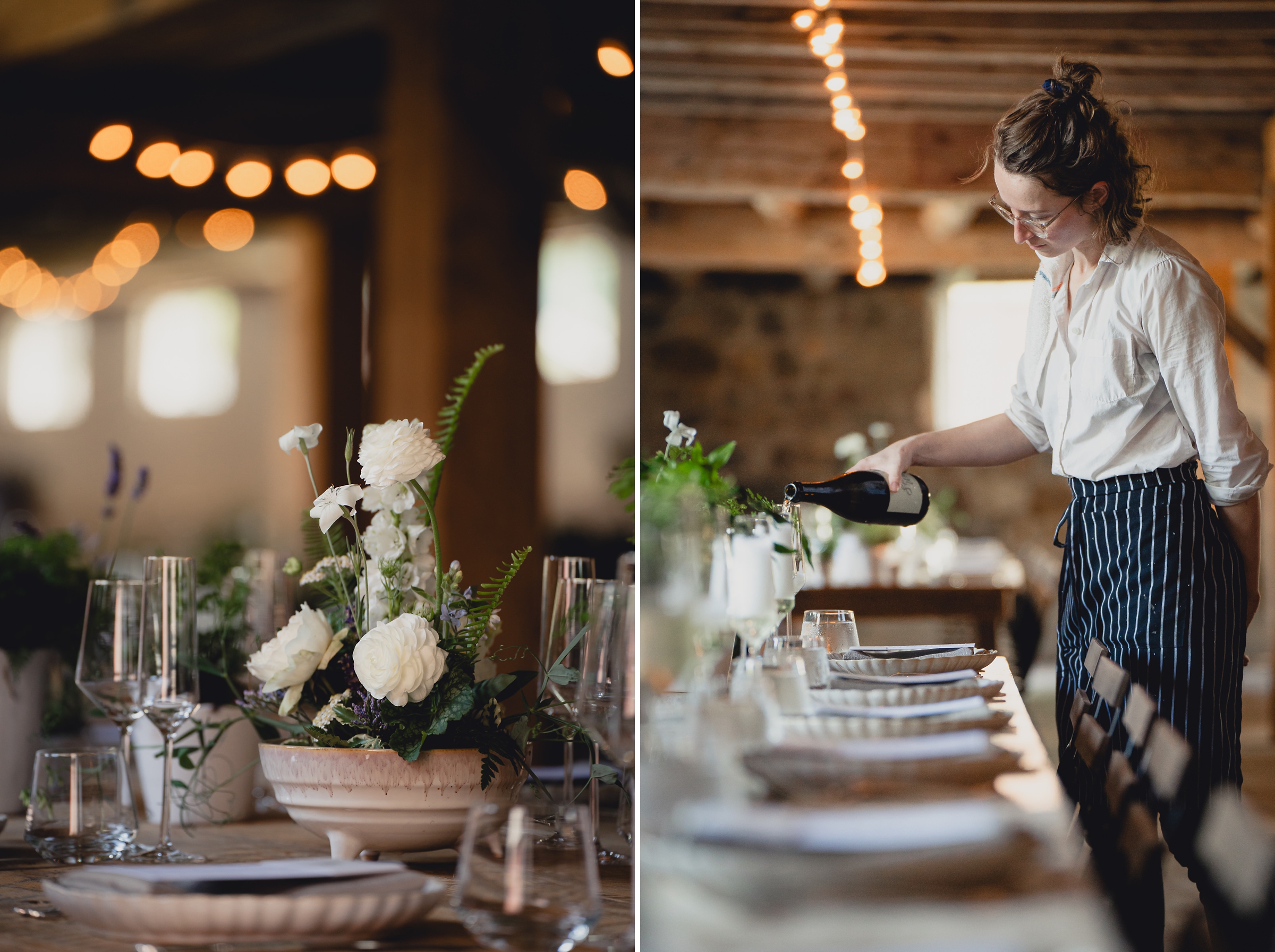decor styled by Simply Beautiful Events and florals by Pistil and Pollen at wedding reception in barn at The North Farm in Geneva, NY