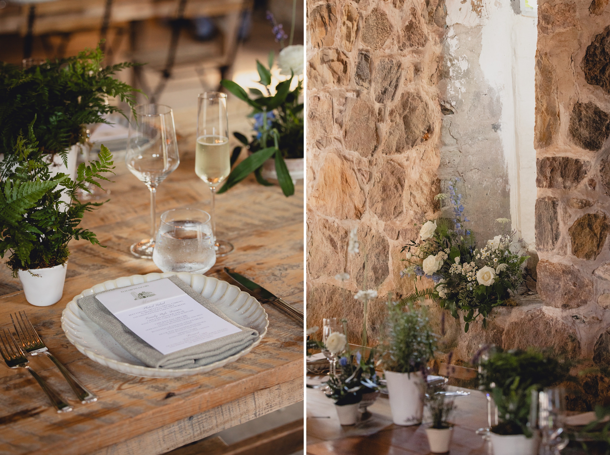 decor styled by Simply Beautiful Events and florals by Pistil and Pollen at wedding reception in barn at The North Farm in Geneva, NY