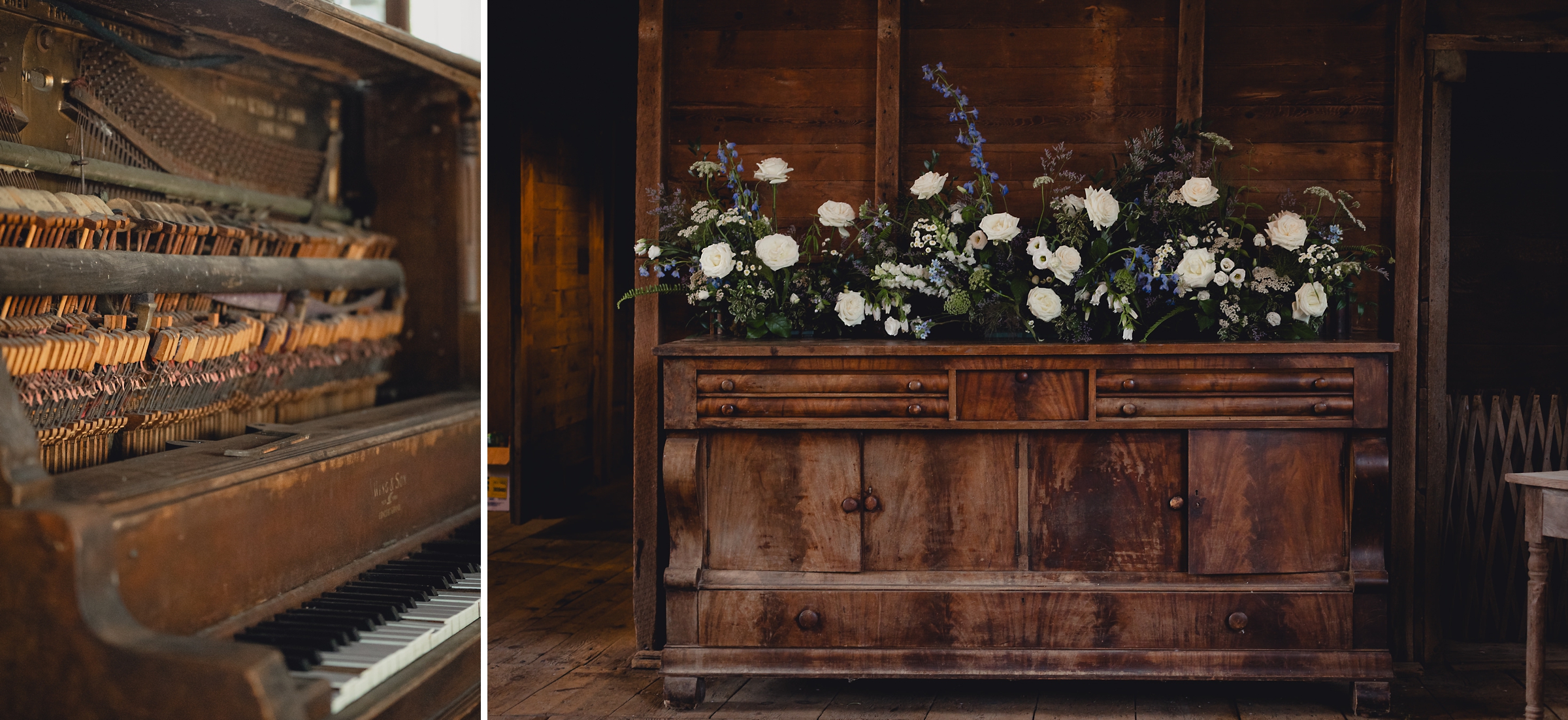 decor styled by Simply Beautiful Events and florals by Pistil and Pollen at wedding reception in barn at The North Farm in Geneva, NY