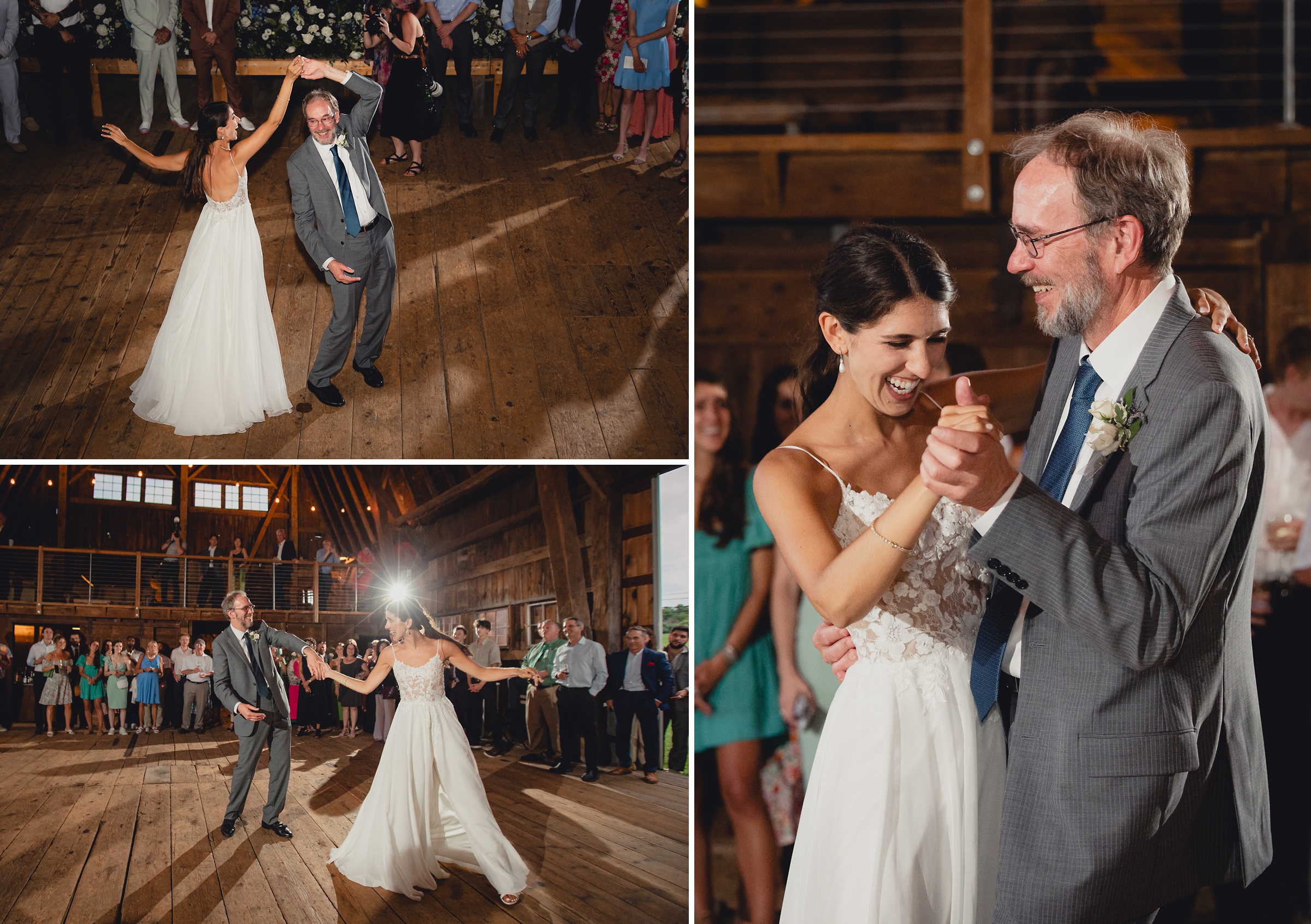father and bride dance at wedding reception in barn at The North Farm in Geneva, NY
