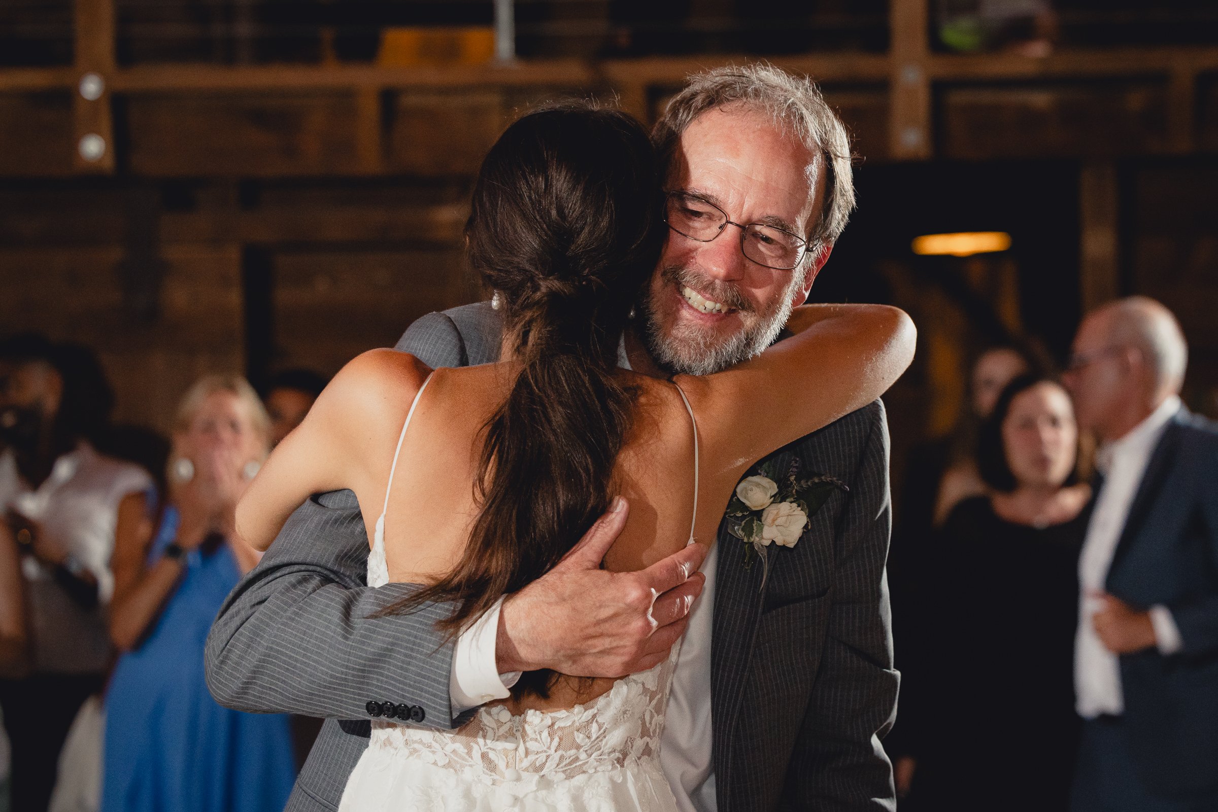 father and bride dance at wedding reception in barn at The North Farm in Geneva, NY