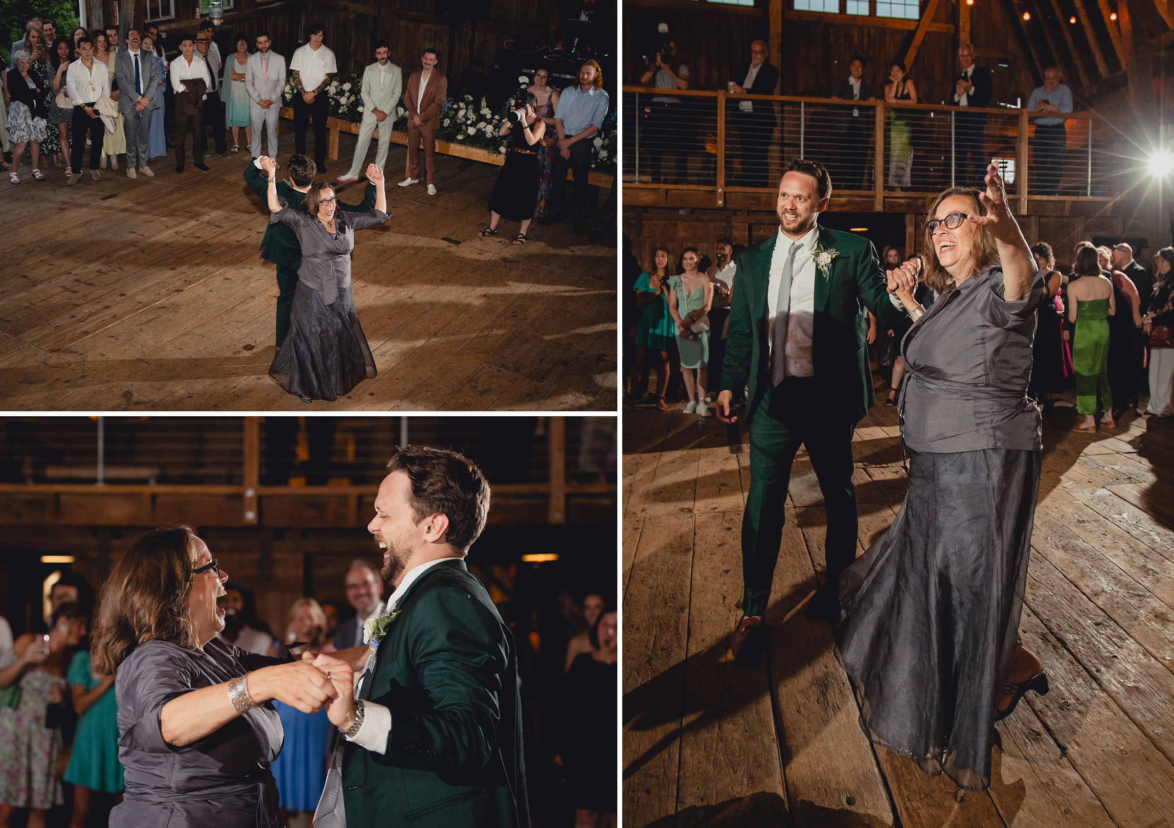 mother and groom dance at wedding reception in barn at The North Farm in Geneva, NY