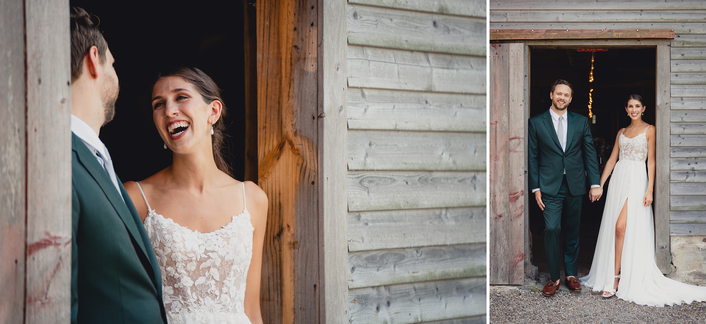 Bride and groom pose for portraits in front of The North Farm barns at a wedding in Geneva, NY