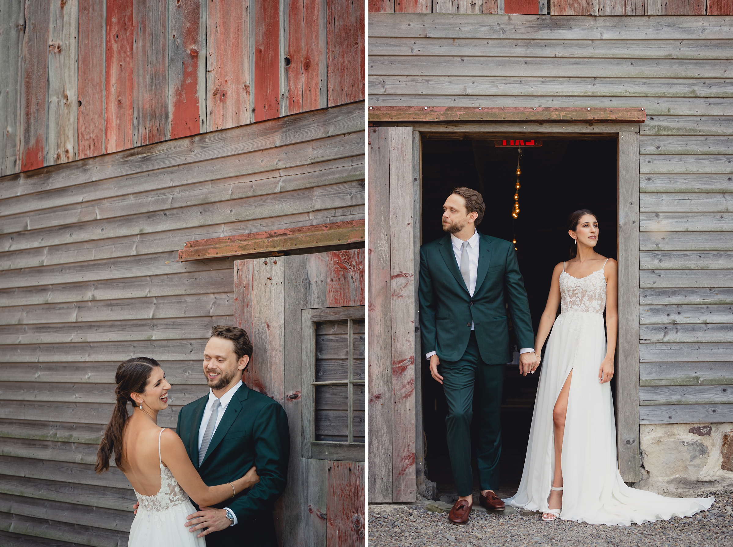 Bride and groom pose for portraits in front of The North Farm barns at a wedding in Geneva, NY