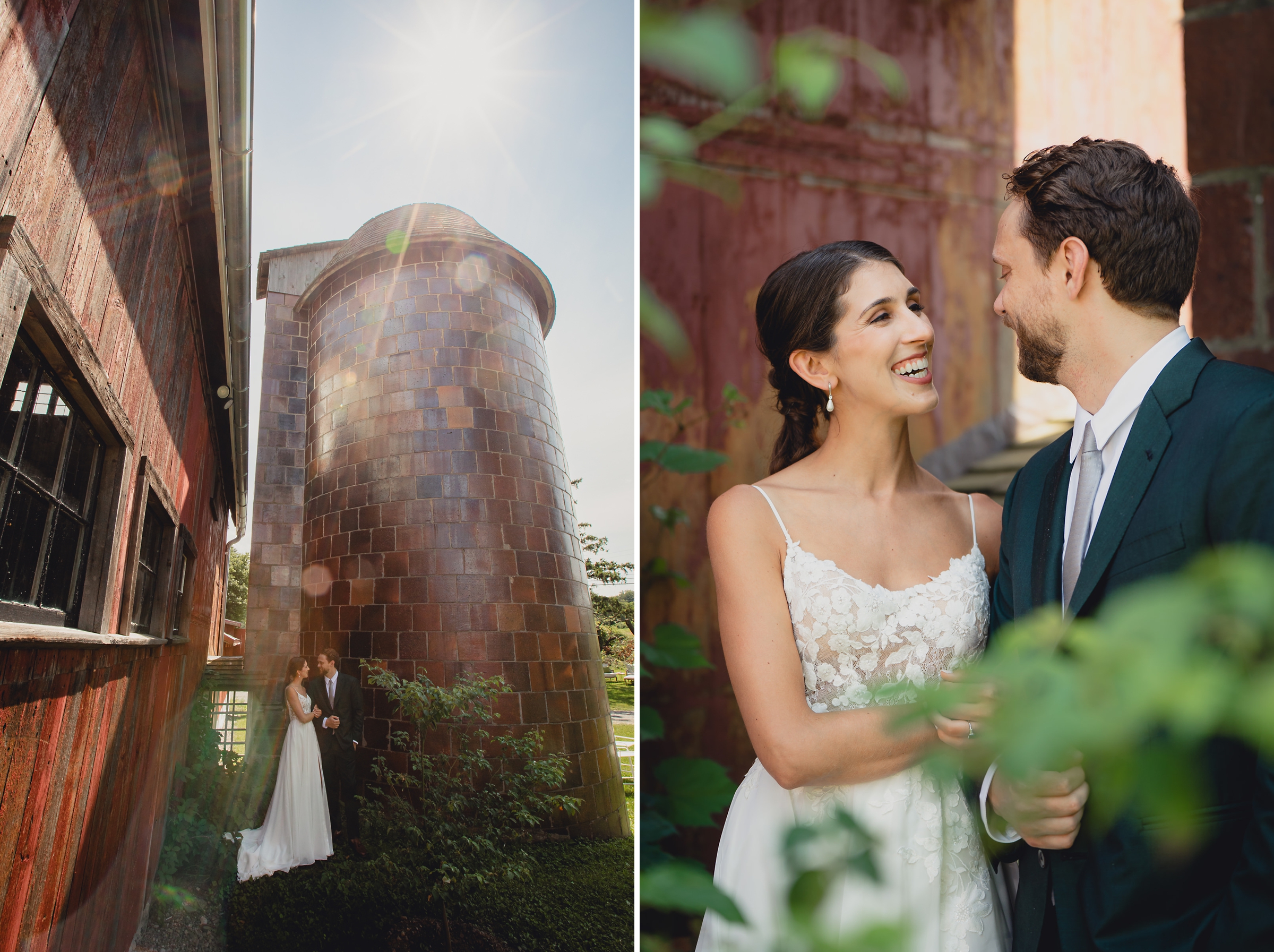 Bride and groom pose for portraits in front of The North Farm barns at a wedding in Geneva, NY
