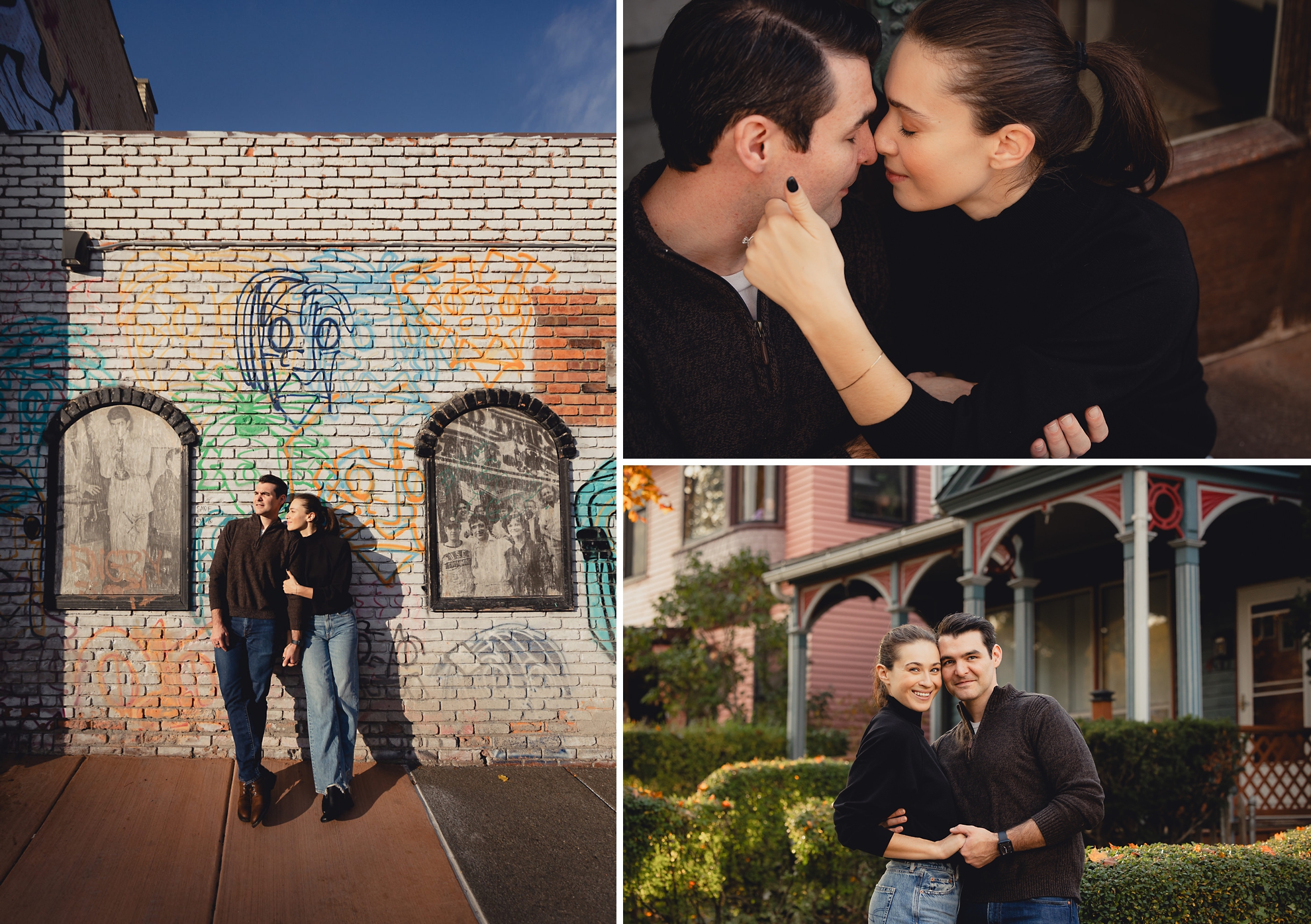 future bride and groom pose for pictures in street in Allentown section of Buffalo during their wedding engagement pictures
