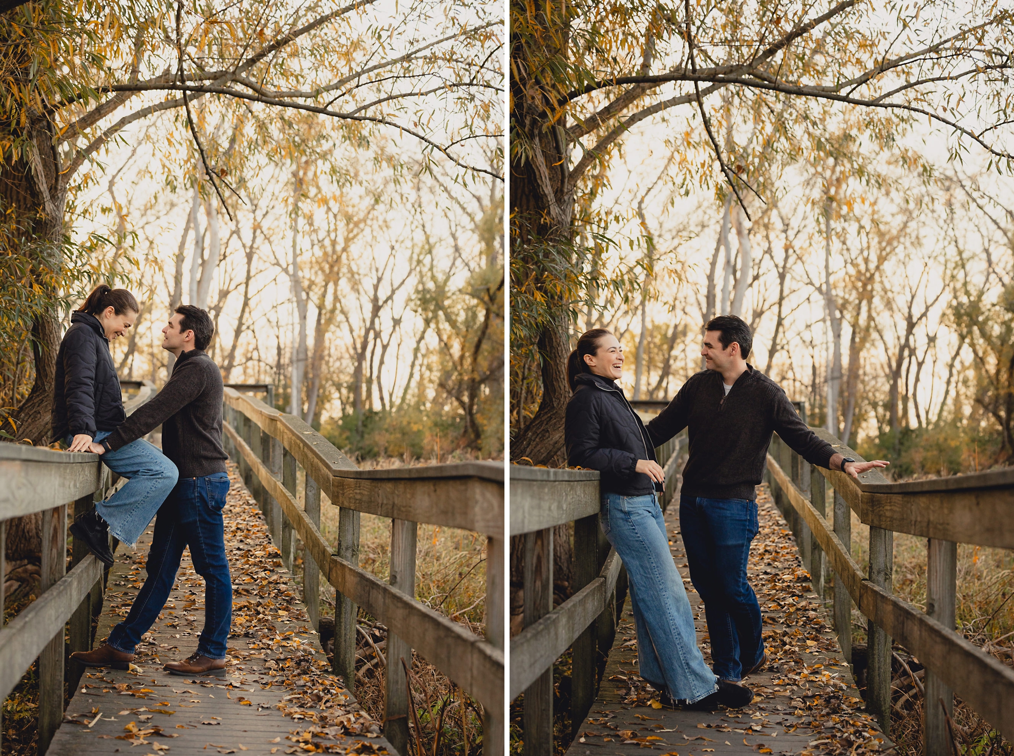 future bride and groom laugh on boardwalk at Tifft Nature Preserve in Buffalo, NY during their wedding engagement photo session