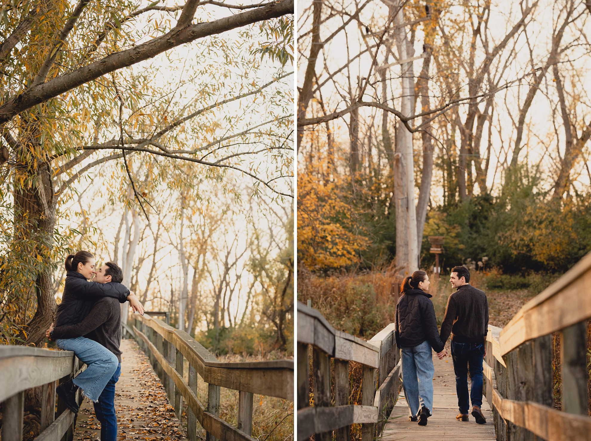 future bride and groom laugh on boardwalk at Tifft Nature Preserve in Buffalo, NY during their wedding engagement photo session