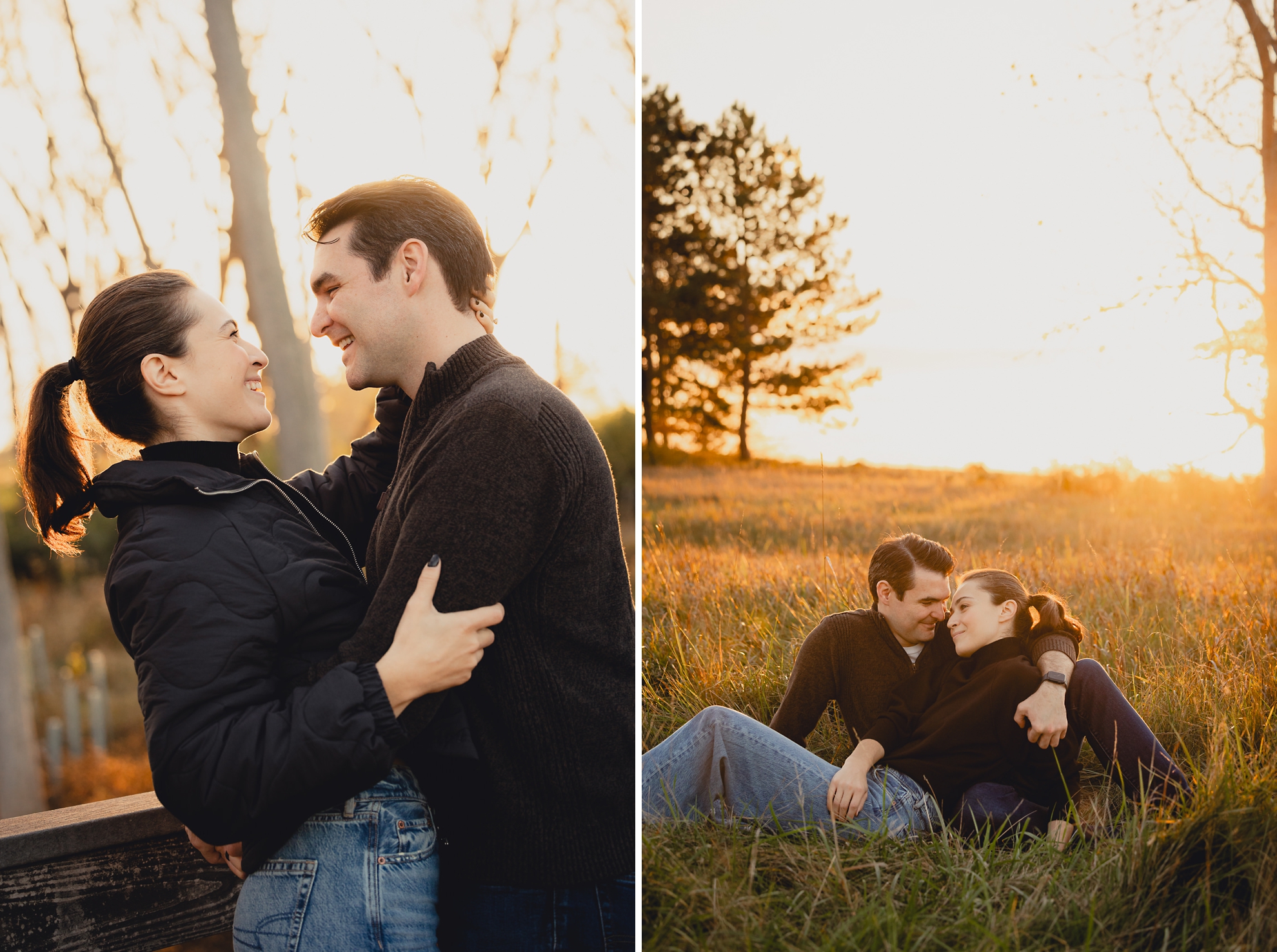 future bride and groom laugh on boardwalk at Tifft Nature Preserve in Buffalo, NY during their wedding engagement photo session