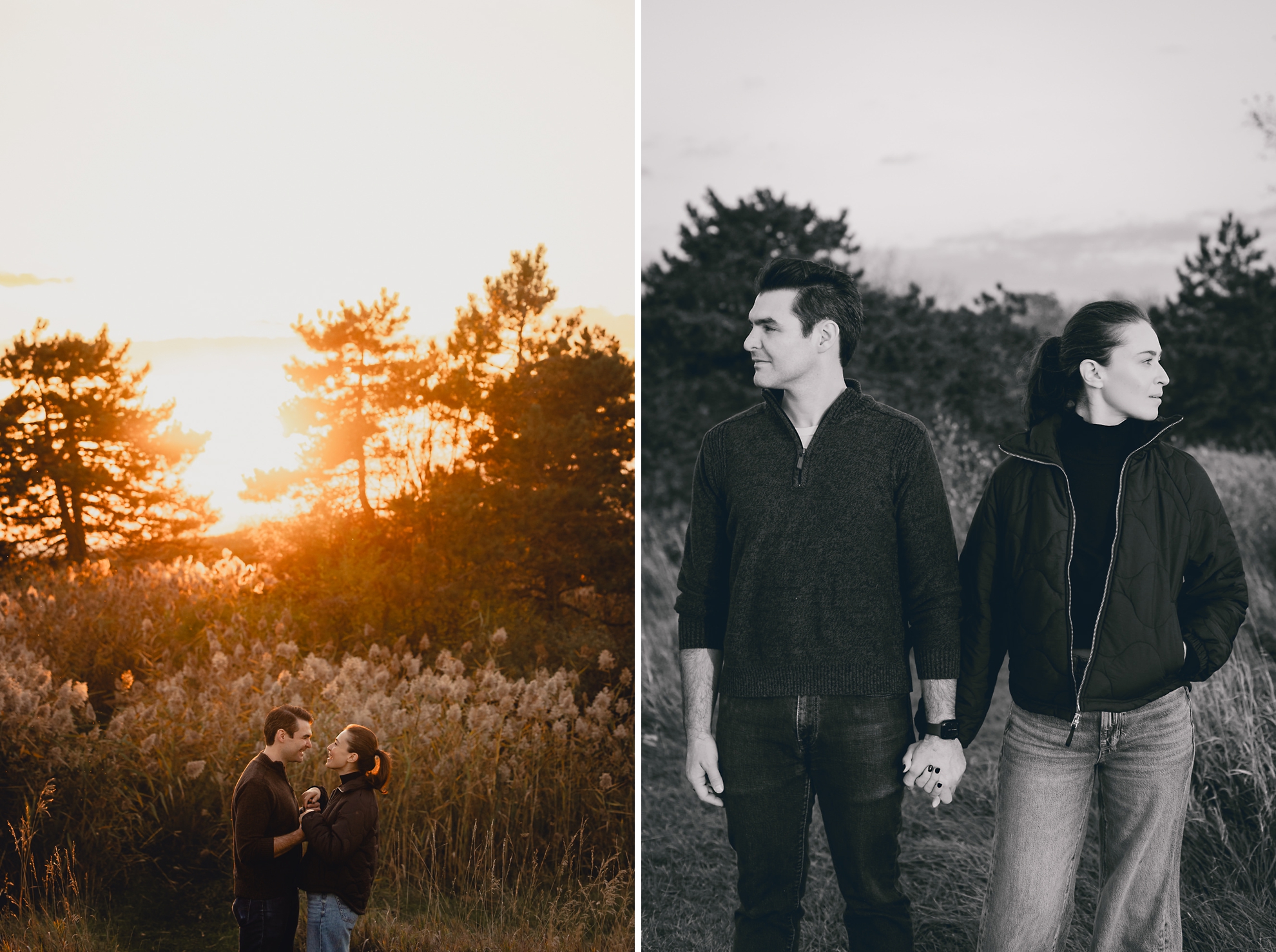 couple holds hands in field at sunset during wedding engagement photos in Buffalo