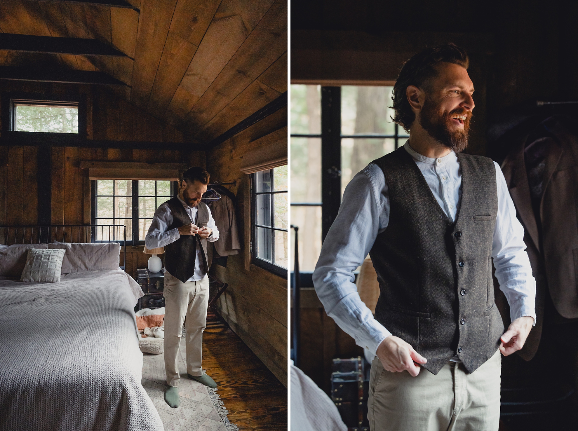 groom buttons vest in Langston Cottage at Vanderkamp NY before fall wedding elopement in Adirondack Mountains