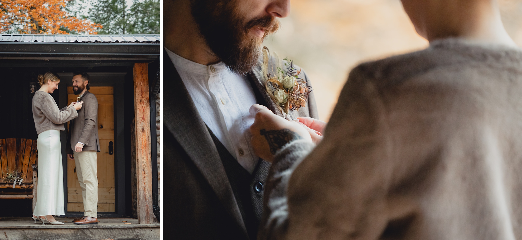 bride pins boutonniere on groom outside Langston Cottage at Vanderkamp NY before fall wedding elopement