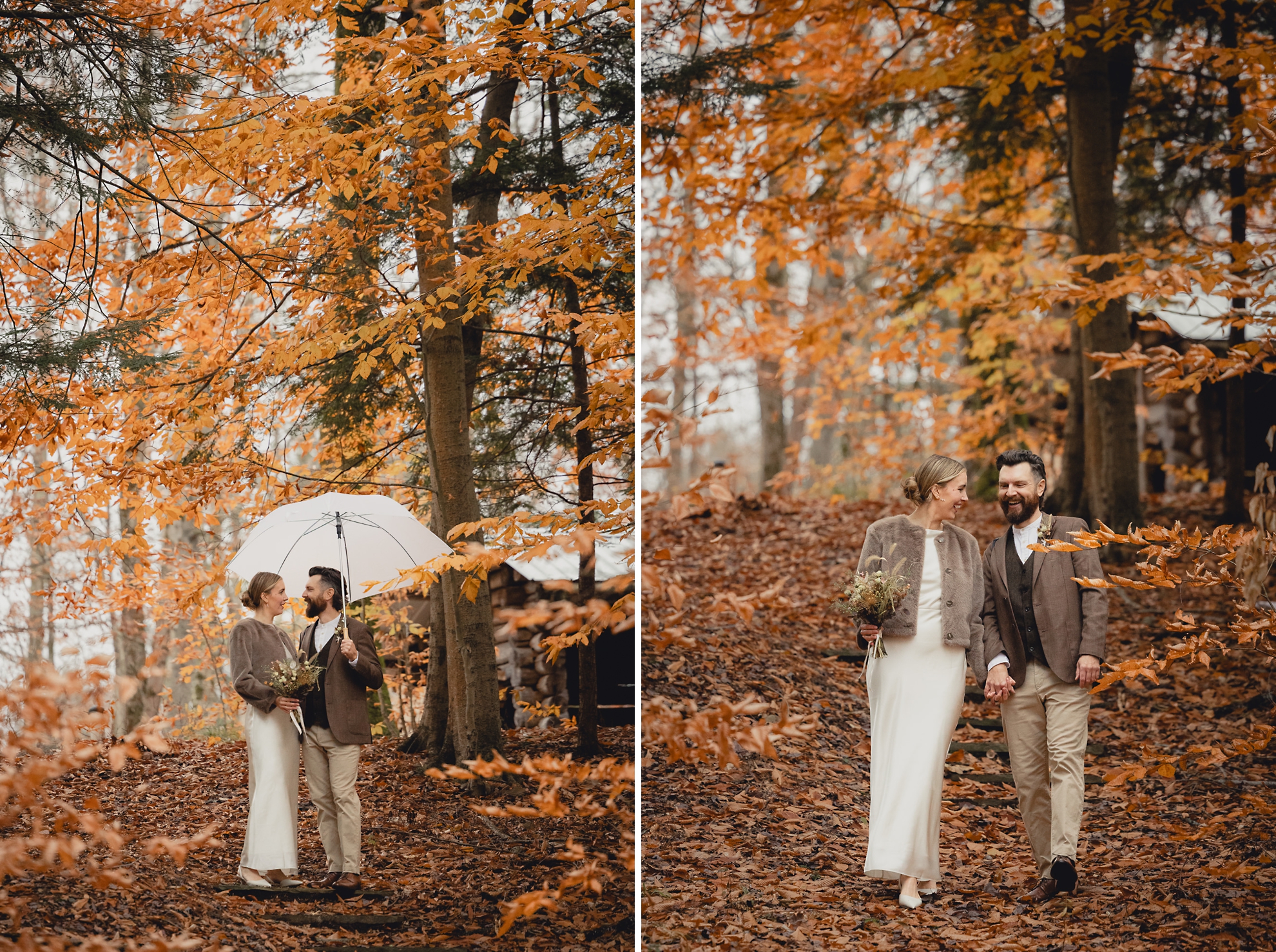 bride and groom walk down steps laughing with umbrella groom photographs bride outside Langston Cottage at Vanderkamp NY before fall wedding elopement in the Adirondacks