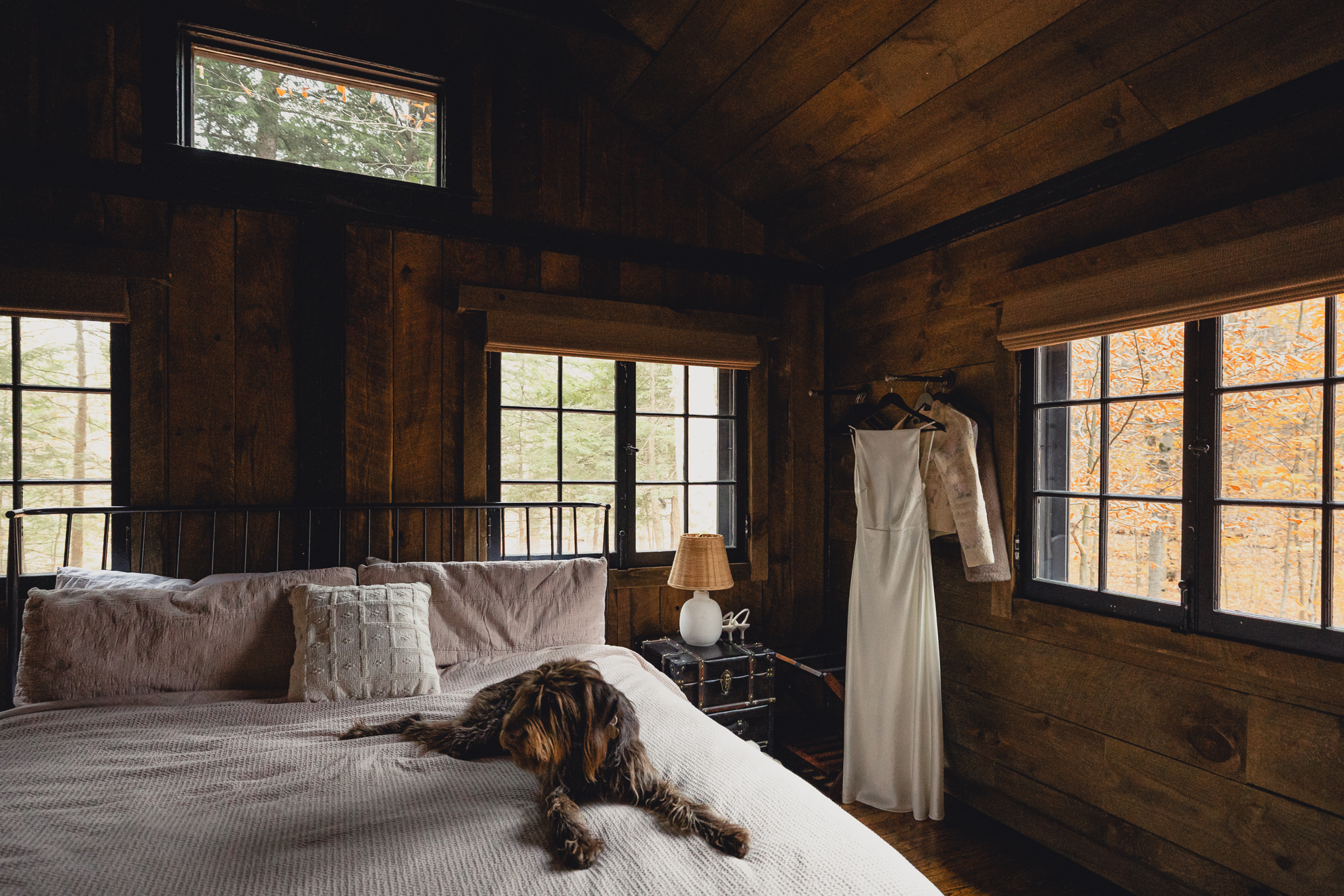 dog lays on bed next to hanging wedding dress at Langston Cottage at Vanderkamp NY before wedding elopement in the Adirondack Mountains