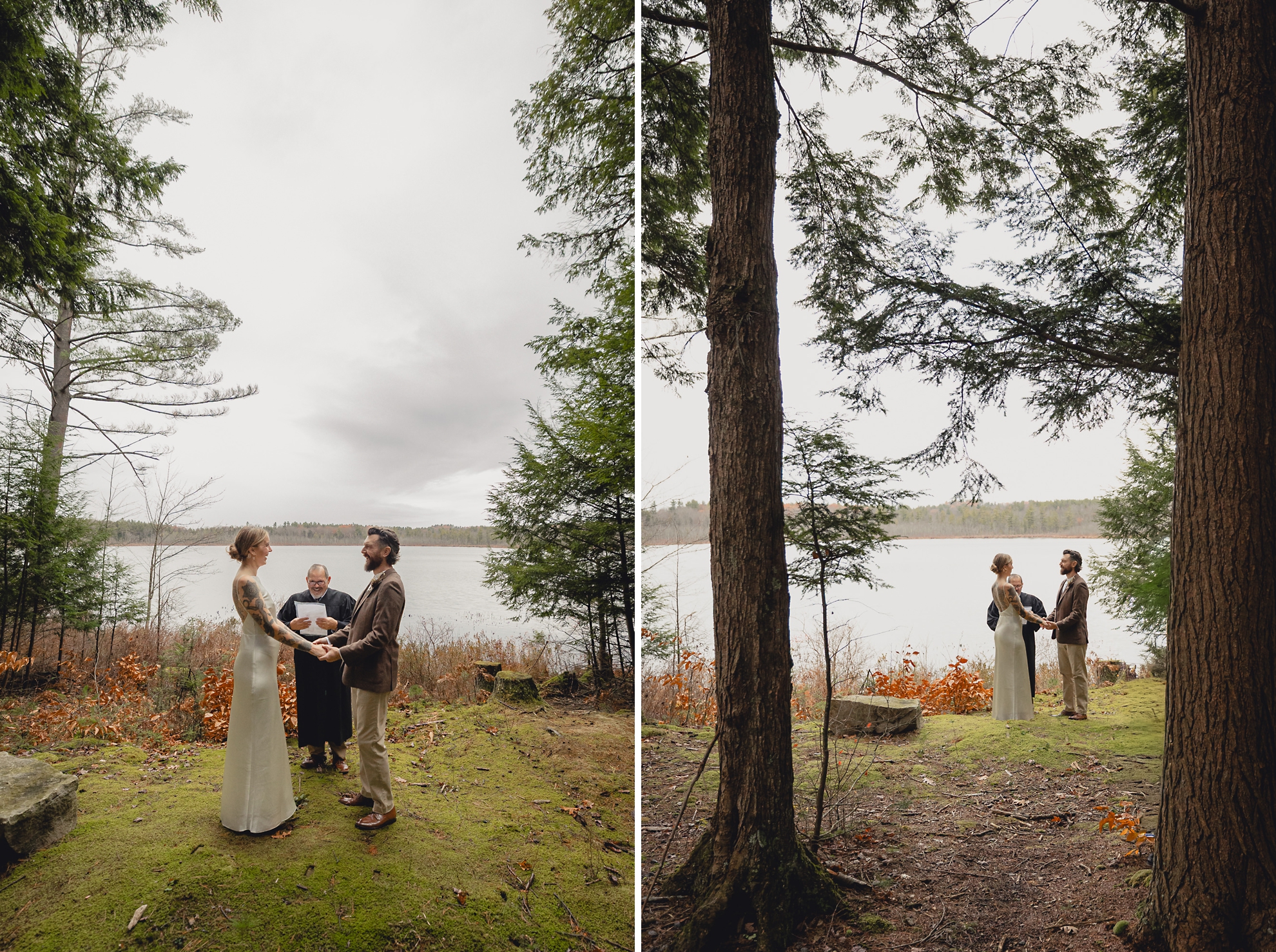 bride and groom say vows in front of lake during micro wedding elopement ceremony at Vanderkamp NY in the Adirondacks