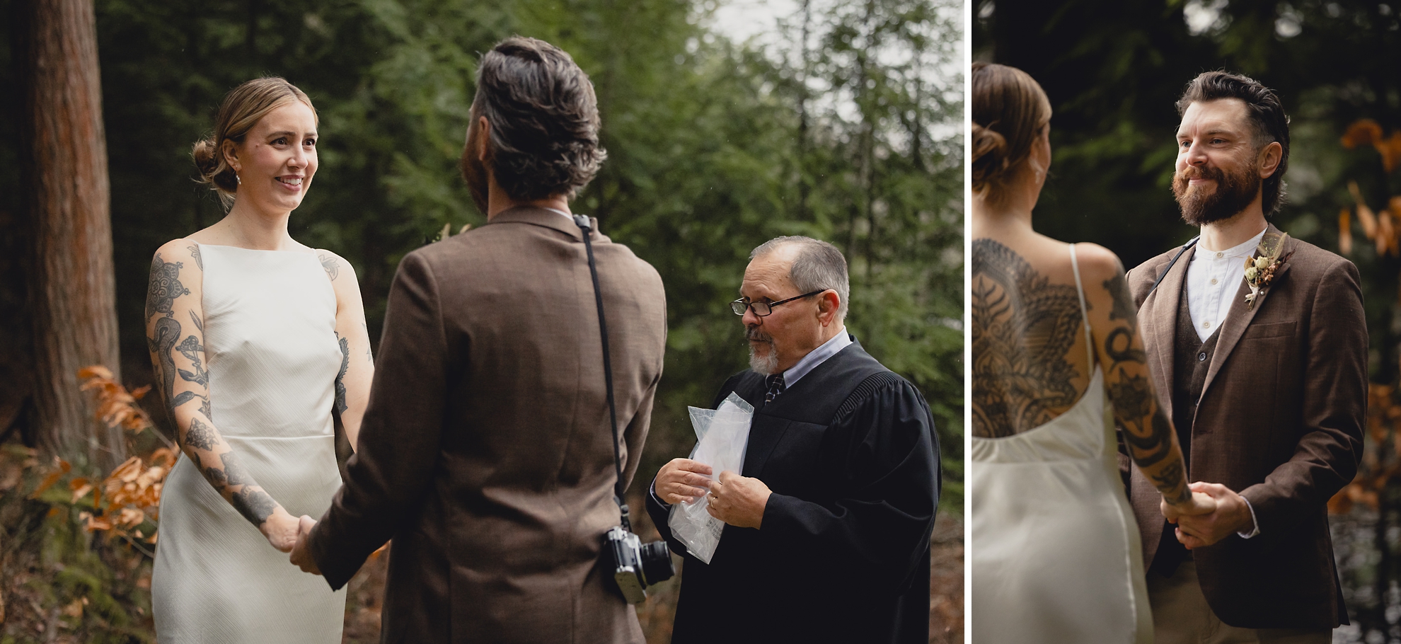 bride and groom look at one another during micro wedding elopement ceremony at Vanderkamp NY in the Adirondacks